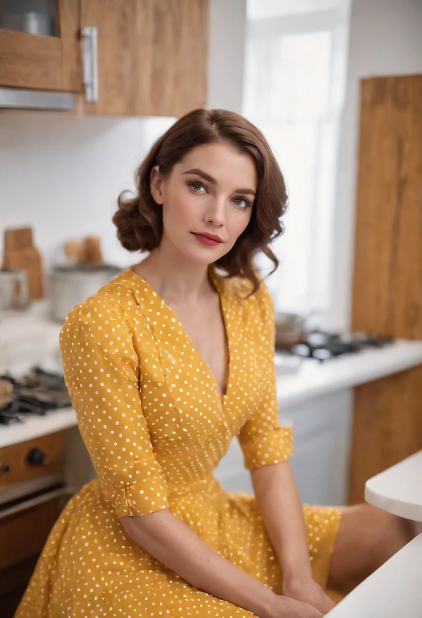 woman in retro yellow polka dot dress, sitting at kitchen counter, bored attitude,high angle shot, close up shot, spot light, high quality photo,medium shot