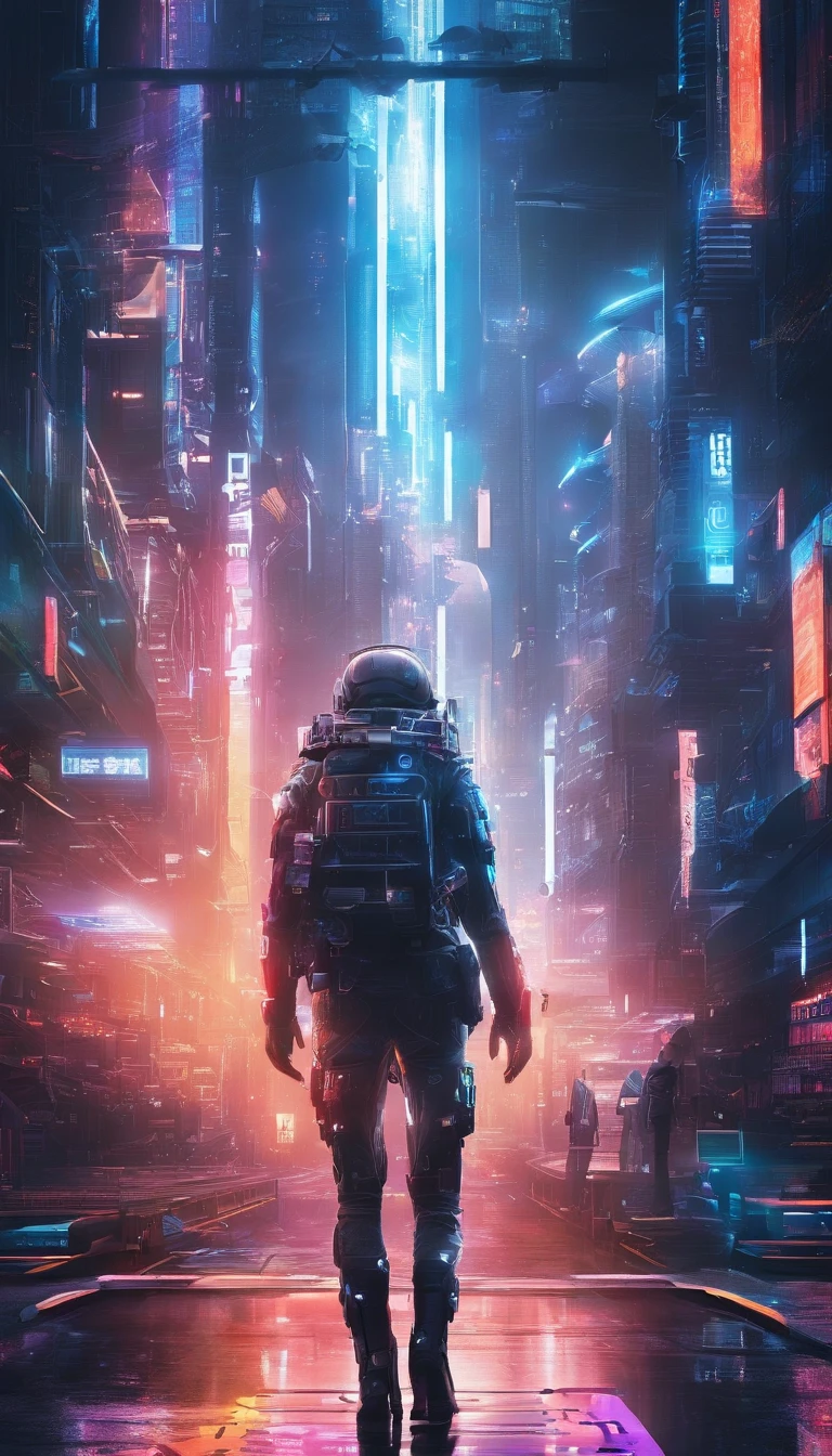 Cyberpunk style scientist，Semi-mechanized scientist，Combat posture，majestic-looking，The feeling of moving forward，Stunning colors。Set in a futuristic cyberpunk style city，the street，People with blurred vision，（Movie lighting），（light and shadow effect），（unreal-engine），（Tyndall），（cinema4d），（Super futuristic fantasy style），（8k wallpaper），（tmasterpiece），（Photography Award），realisticlying