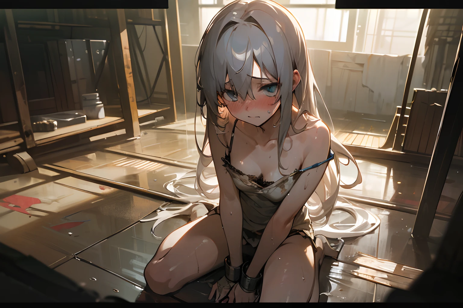 ((Masterpiece)), UHD, wide-shot, cinematic lighting, long messy hair, (wet and torn Decorated-camisole, exposed breast, Slender small breasts, shy and blush face), (Restraint, Heavy handcuffs), Textured skin, ribbon, light silver hair, Cute Beautiful girl, sit on the ground, Dirty warehouse in slum