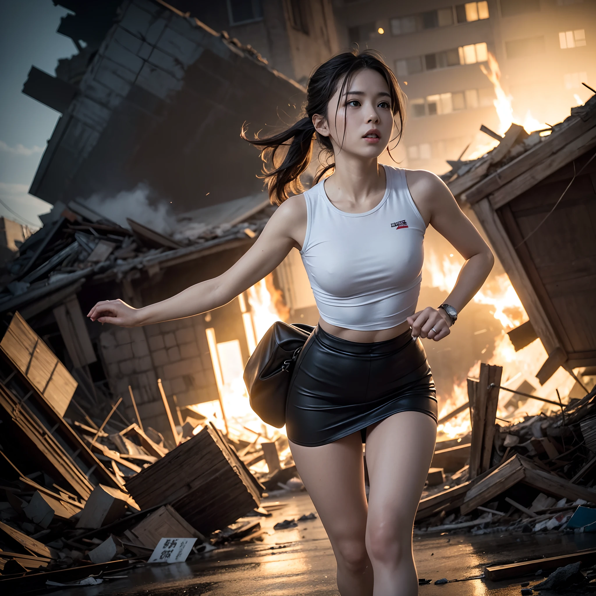 (in 8K、RAW Photos、top-quality、​masterpiece:1.2)、(realisitic、Photorealsitic:1.37)、ultra-detailliert、超A high resolution、movie『Godzilla Godzilla』Heroine of、Women in Japan desperately fleeing Godzilla in devastated Tokyo、dishevled hair、The tank top is dirty、Torn skirt、Running through the rubble、building crumbling、Burning flame、de pele branca、slick skin、stunningly beautiful face、dynamic ungle、动态照明