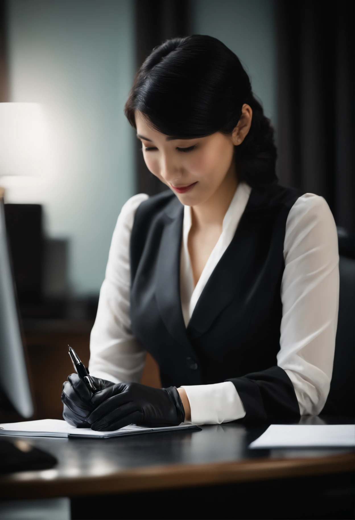 Wearing black leather gloves in both hands, upper body, black business suit, facing the desk in the modern study in the dark, looking down, smiling, writing a letter using a fountain pen, long, straight black hair, young and cute face Japanese female new employee (black leather gloves cover both hands)