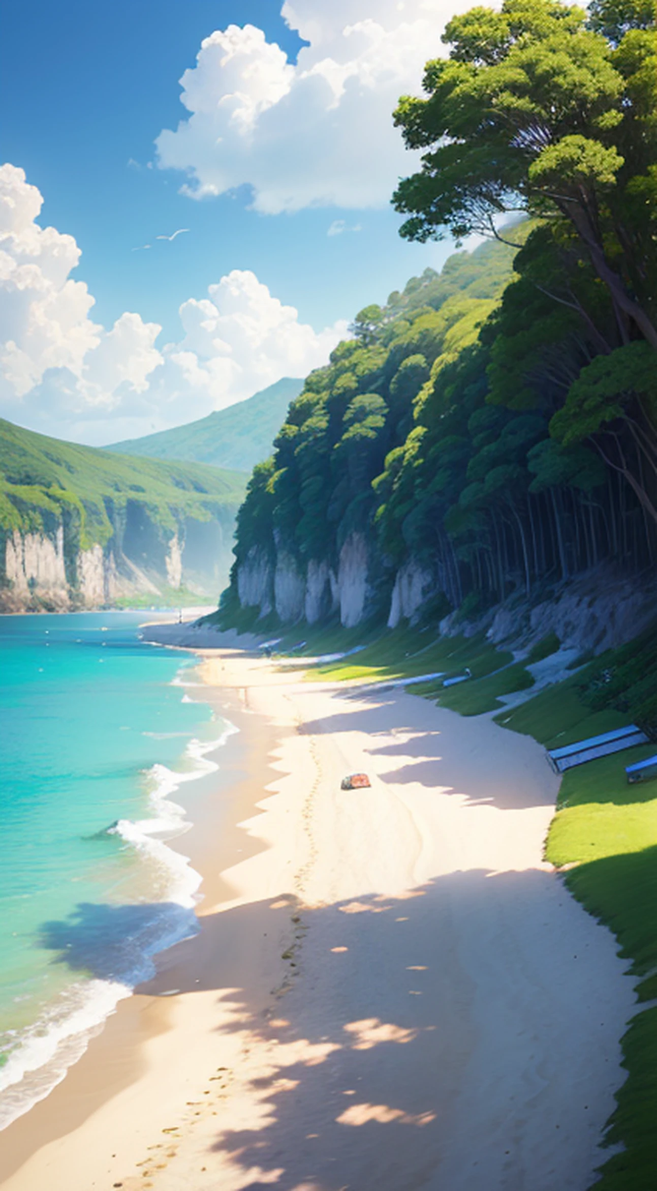 landscape, Summer, Blue sky,Kochi, private beach, creek, Sea, unmanned, Beach, Several people, Hot weather, Sun, HD Detail, Ultra Detail, movie, Hyper-Realism, Soft light, Deep focus bokeh, Ray tracing, Gwise on Art Station Pixiv, By Shinkai Makoto, Art Germ