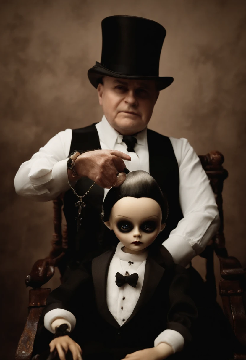 Homem de terno e gravata sentado ao lado de um boneco, Mark Ryden no estilo de, Erwin Olavo, fobia de boneca, inspirado em Gottfried Helnwein, Neto de Benjamin, goth family, Estilo Mark Ryden, Quarta-feira Addams, assustador!!, Vampiro, the addams family, Directed by: Hiroyuki Tajima, Steven Klein, ventriloquist dummy