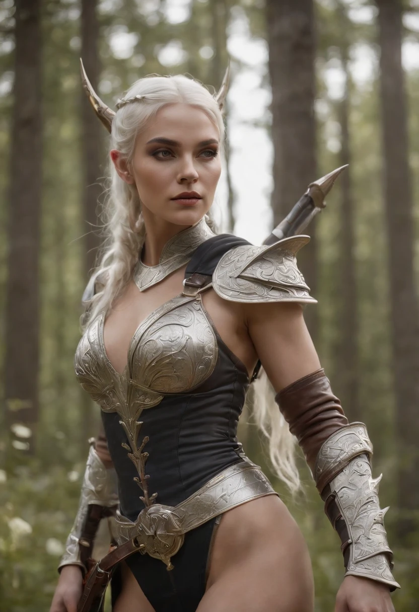 fullbody shot,an armored demon huntress , white|golden,diablo,holding 2 crossbows::1.2 ,  Nemesis on her back,the hood that partially obscures her white hair, leather bodysuit , knee-high boots , a short cape draped over one shoulder. A belt at her waist holds a quiver of arrows and a pouch of knifes ,fantasy, global illumination, backlighting, bloom, ((cold light)), sharp focus, photo realistic, detailed skin, background out of focus, cinematic composition , ultra-detailed, realistic , hyper-realistic , volumetric lighting, 8k, trending on artstation