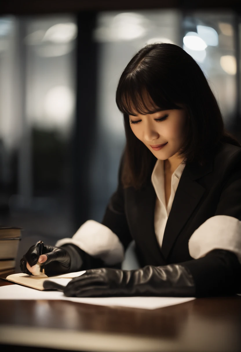 Wearing black leather gloves in both hands, upper body, black business suit, facing the desk in the modern study in the dark, looking down, smiling, writing a letter using a fountain pen, long, straight black hair, young and cute face Japanese female new employee (black leather gloves cover both hands)