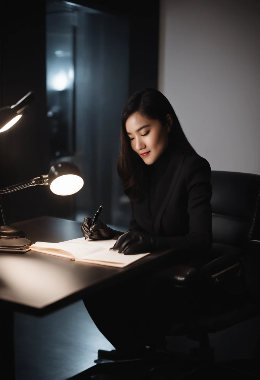 Wearing black leather gloves in both hands, upper body, black business suit, facing the desk in the modern study in the dark, looking down, smiling, writing a letter using a fountain pen, long, straight black hair, young and cute face Japanese female new employee (black leather gloves cover both hands)