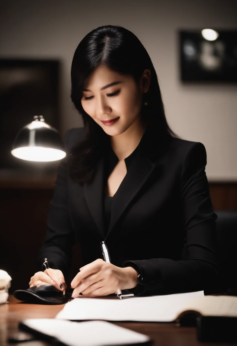 Wearing black leather gloves in both hands, upper body, black business suit, facing the desk in the modern study in the dark, looking down, smiling, writing a letter using a fountain pen, long, straight black hair, young and cute face Japanese female new employee (black leather gloves cover both hands)
