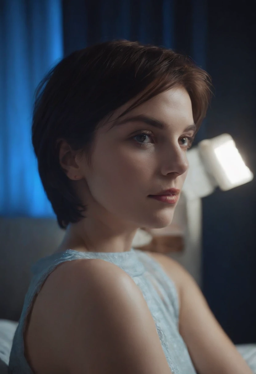 90s style short haired woman, on her back in her bedroom, side blue lighting, projected shadows, plants and bed in the background, close up shot, bokeh style, high quality photo,upper body
