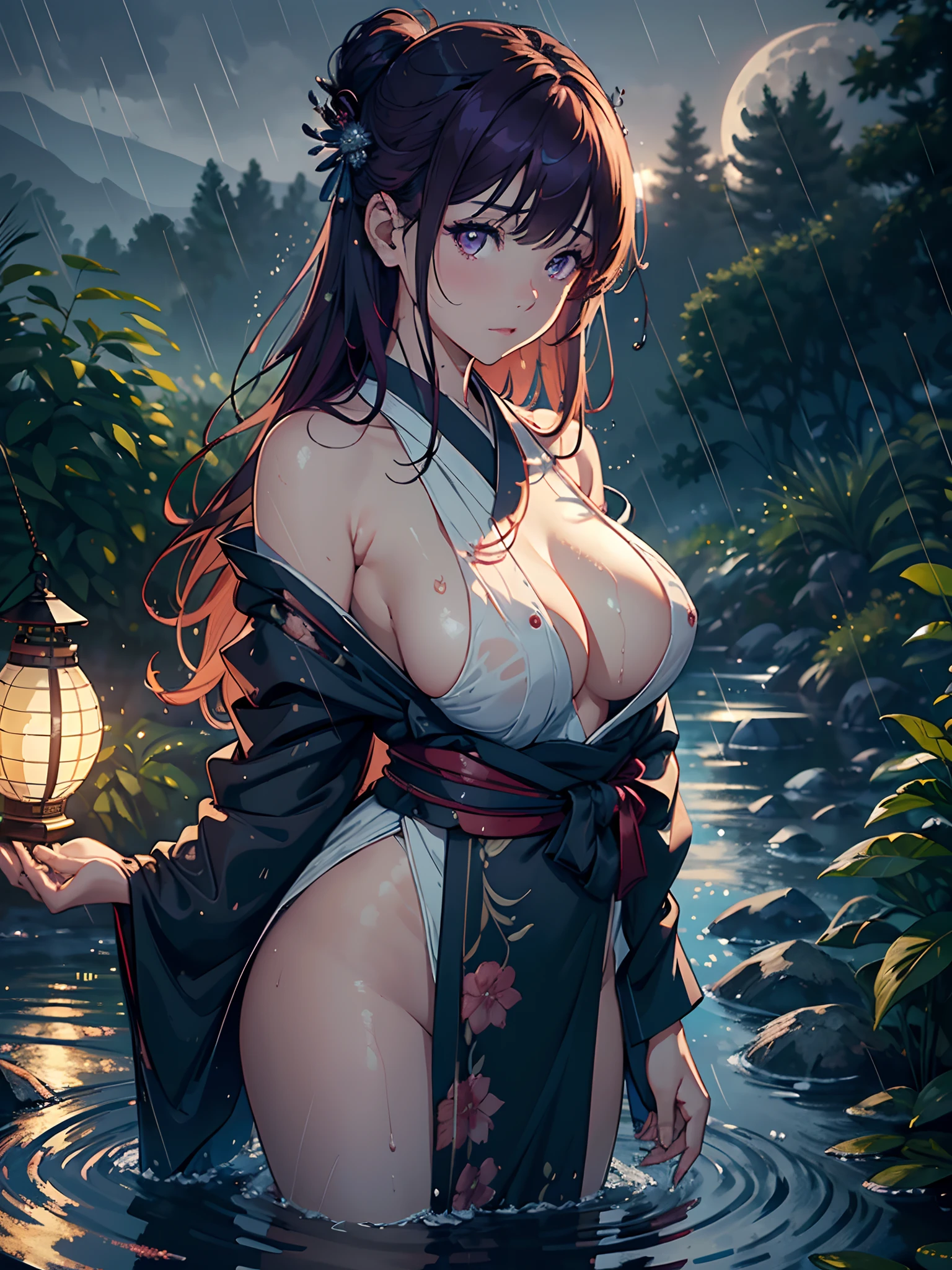 1girl, moon, lantern, night, solo, huge breasts, hair ornament, wet, kimono, micro bikin, wading, water, outdoors, sky, full moon, rain, purple eyes, red hair, noble queen, mountain, cloud, holding, sash, bare shoulders, paper lantern, standing, noble outfit, night sky, huge sideboob, wet clothes, bangs, tree, from side, reflection, medium hair, cloudy sky, wet hair (((masterpiece),(extremely detailed CG unity 8k wallpaper),best quality,,solo,1girl,cinematic lighting,detailed background,beautiful detailed eyes,bright pupils, (an extremely delicate and beautiful),(Beautiful and detailed eye description), ultra-detailed,masterpiece,)),