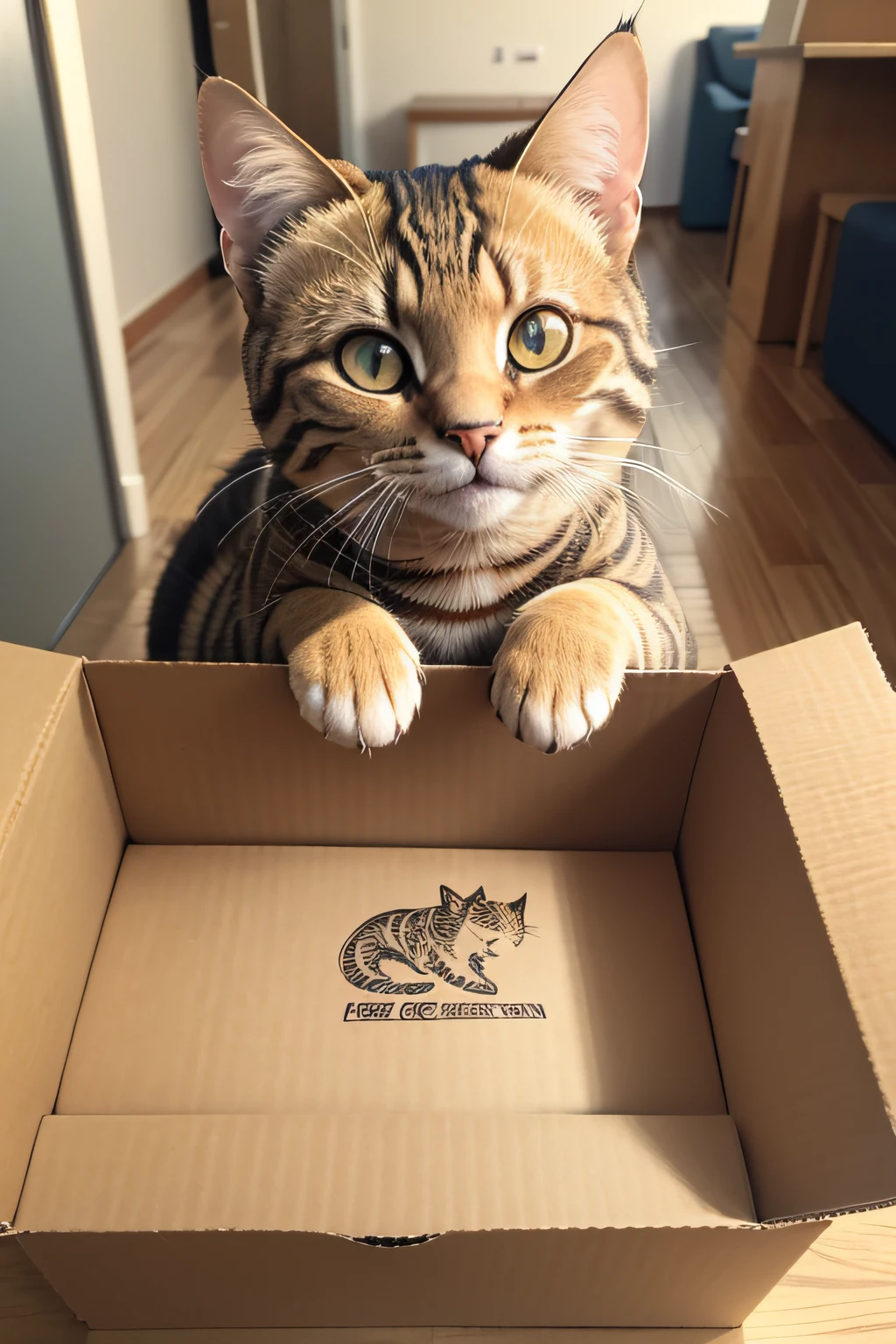 gato sorridente em carttoon segurando uma caixa de entrega