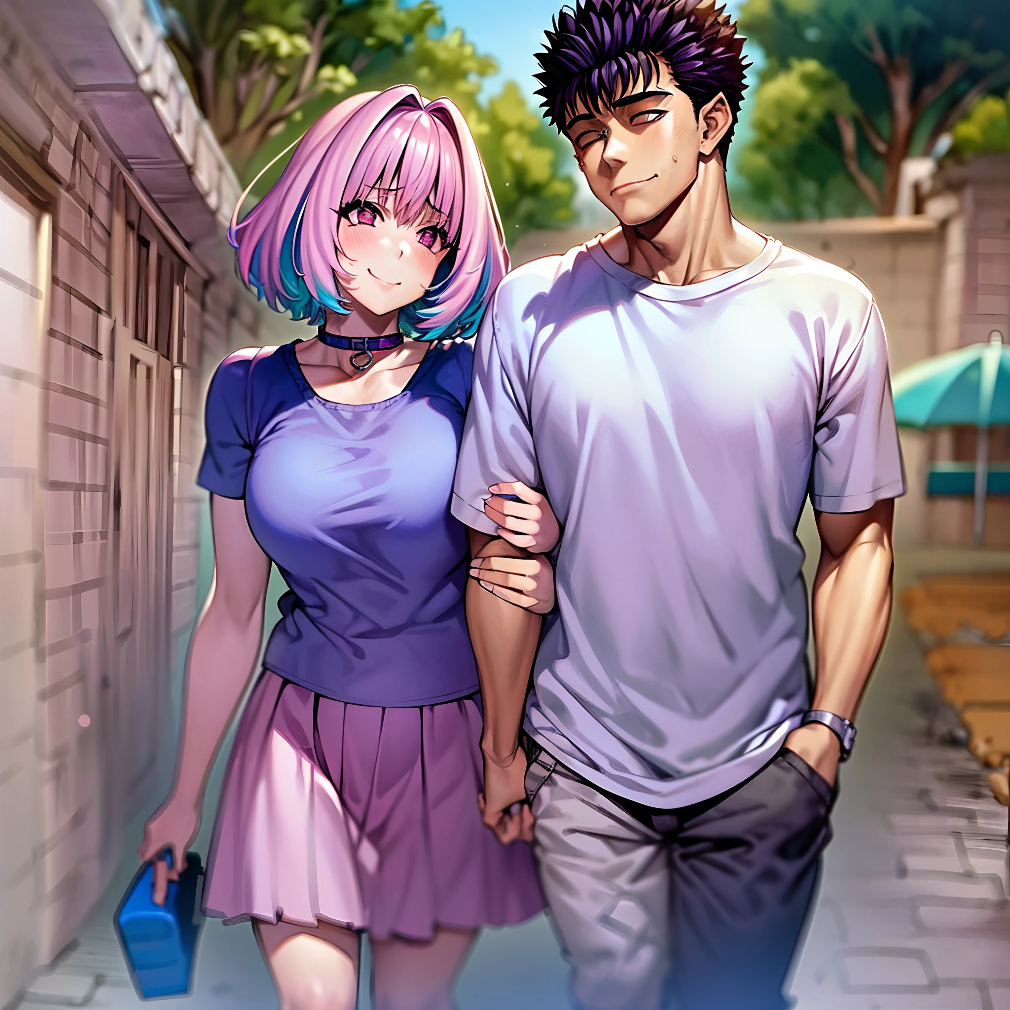 masterpiece, best quality, 1girl, riamu, blue shirt, pleated skirt, solo, simple background, riamu and guts, husband and wife, couple happy in a beach, , purple hair,1boy, in couple, affection, love,relationship, lovey dovey, happy, , smile, walking, in a family mart