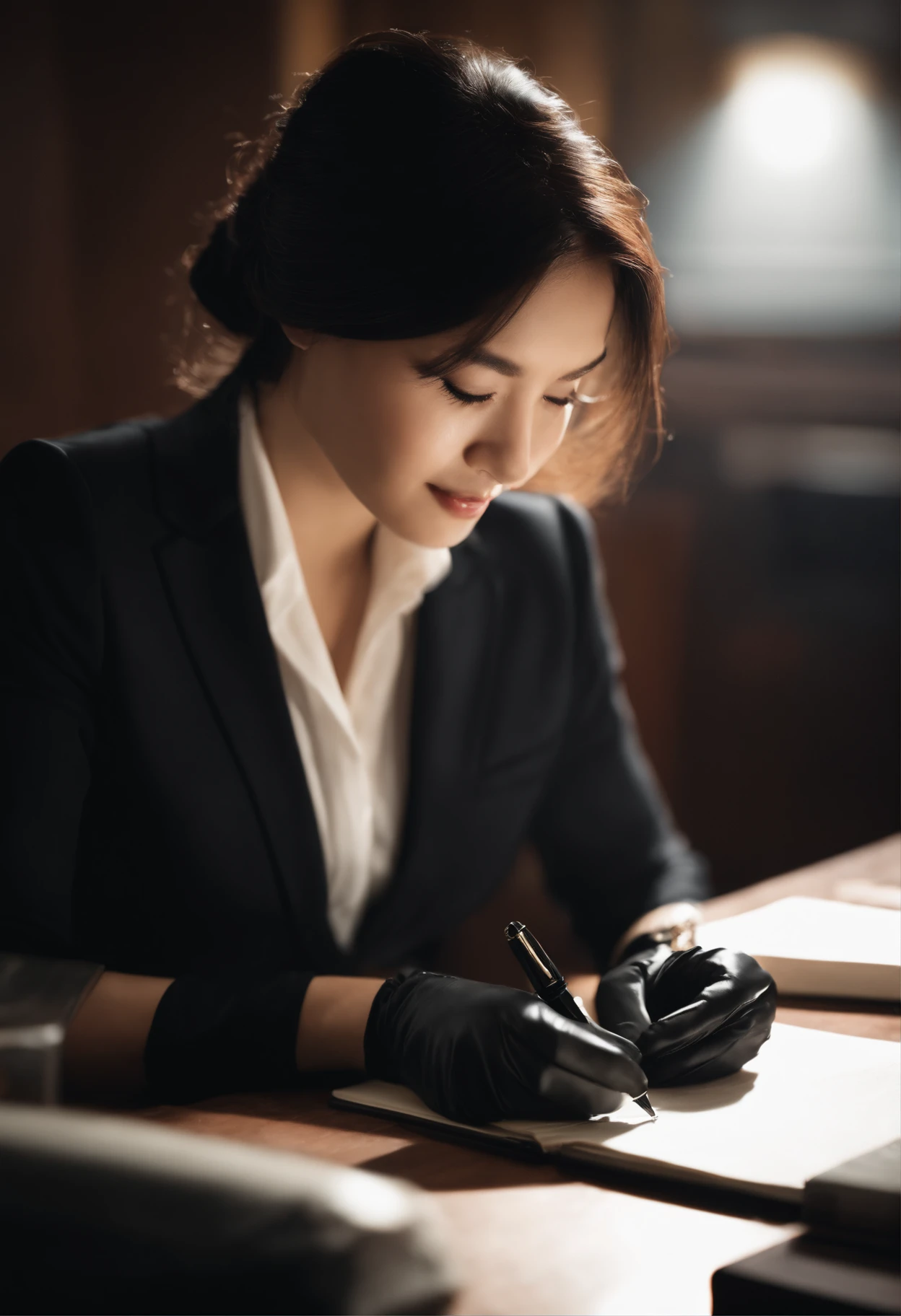 Wearing black leather gloves in both hands, upper body, black business suit, facing the desk in the modern study in the dark, looking down, smiling, writing a letter using a fountain pen, long, straight black hair, young and cute face Japanese female new employee (black leather gloves cover both hands)