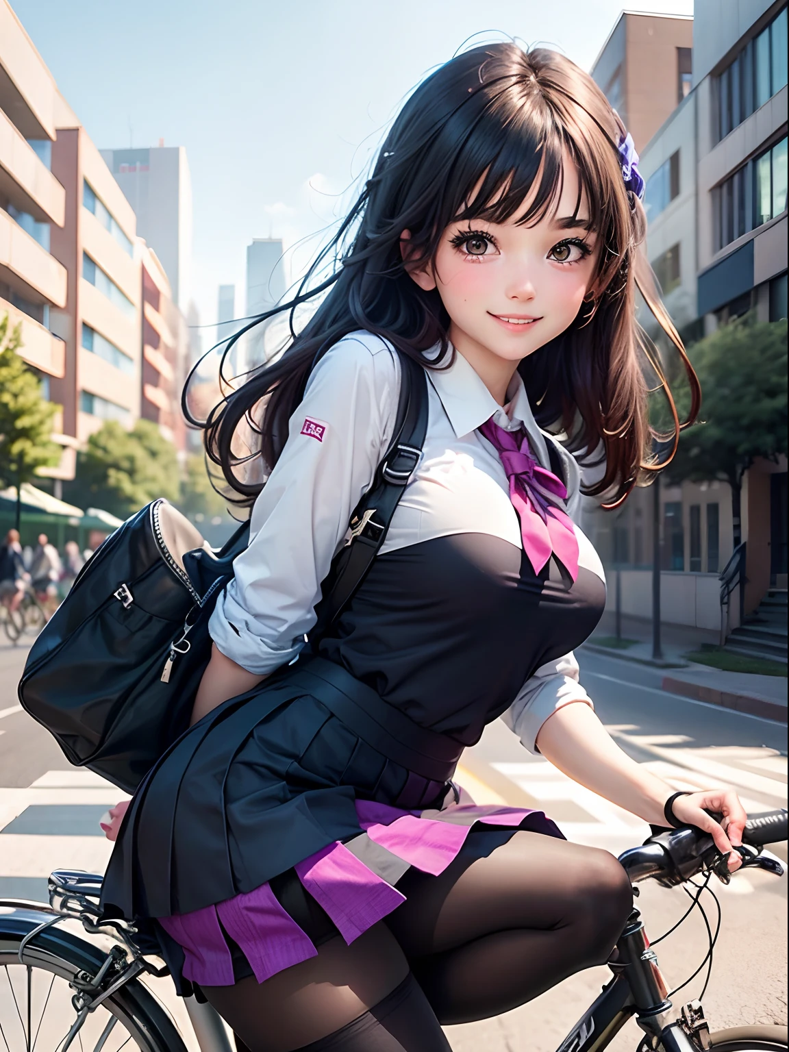 Colorful girl uniform in black tights riding a bicycle　Dynamic　A smile　Commuting to school　1girl is　upskirt