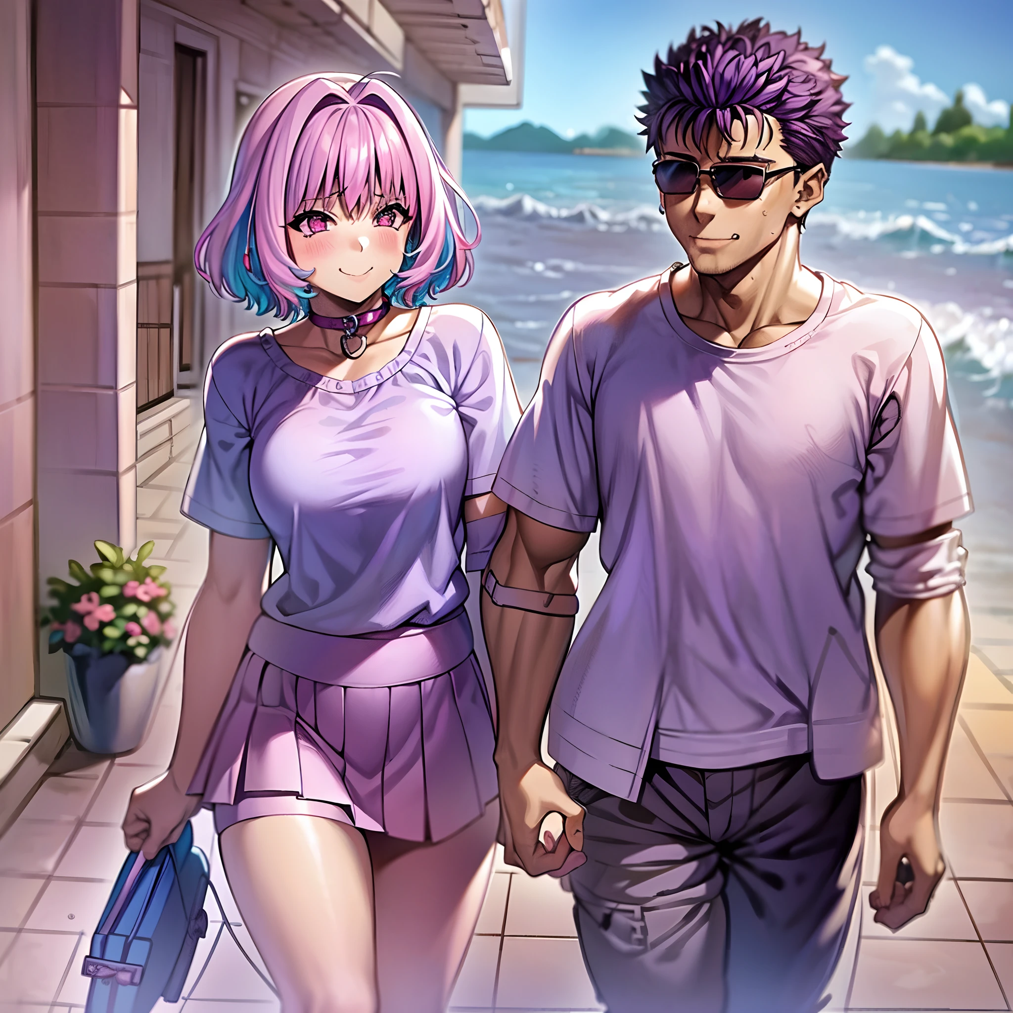 masterpiece, best quality, 1girl, riamu, blue shirt, pleated skirt, solo, simple background, riamu and guts, husband and wife, couple happy in a beach, , purple hair,1boy, in couple, affection, love,relationship, lovey dovey, happy, , smile, walking, in a family mart