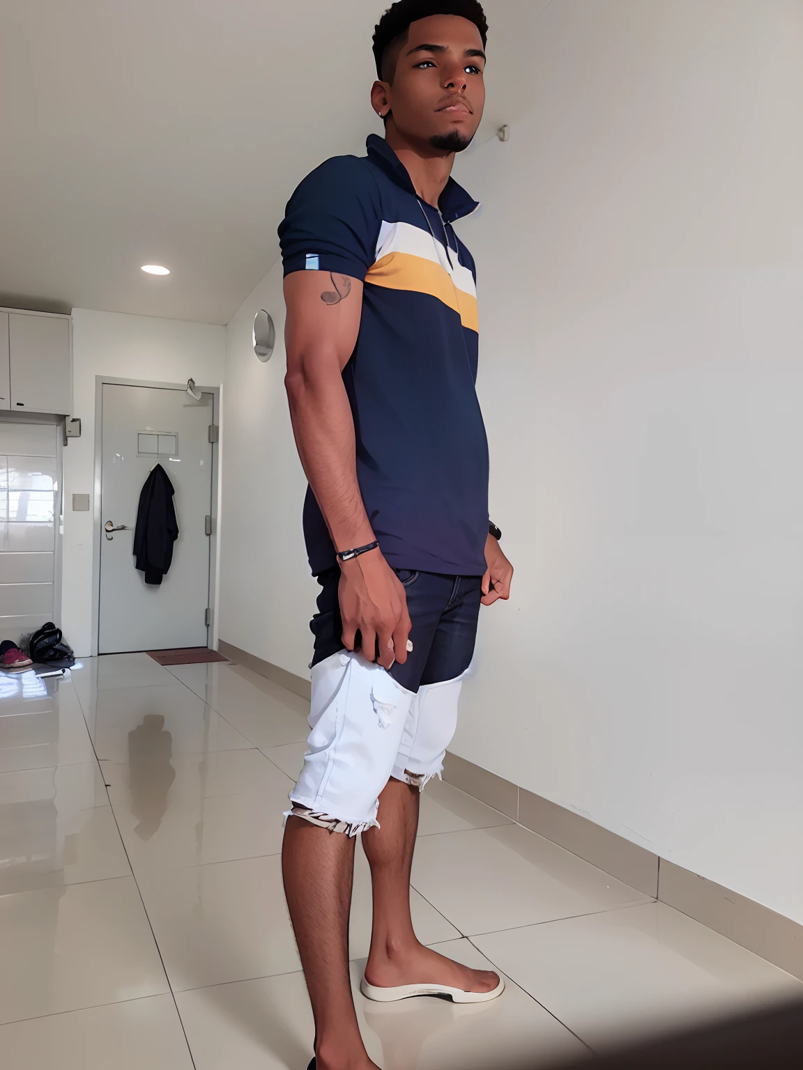 You find yourself transported to the year 1985, on a bustling street in a small town. A young man, approximately 20 years old, strolls along the sidewalk, sporting a typical 80s look. He's wearing a pair of faded, bell-bottom jeans that snugly fit at the w...