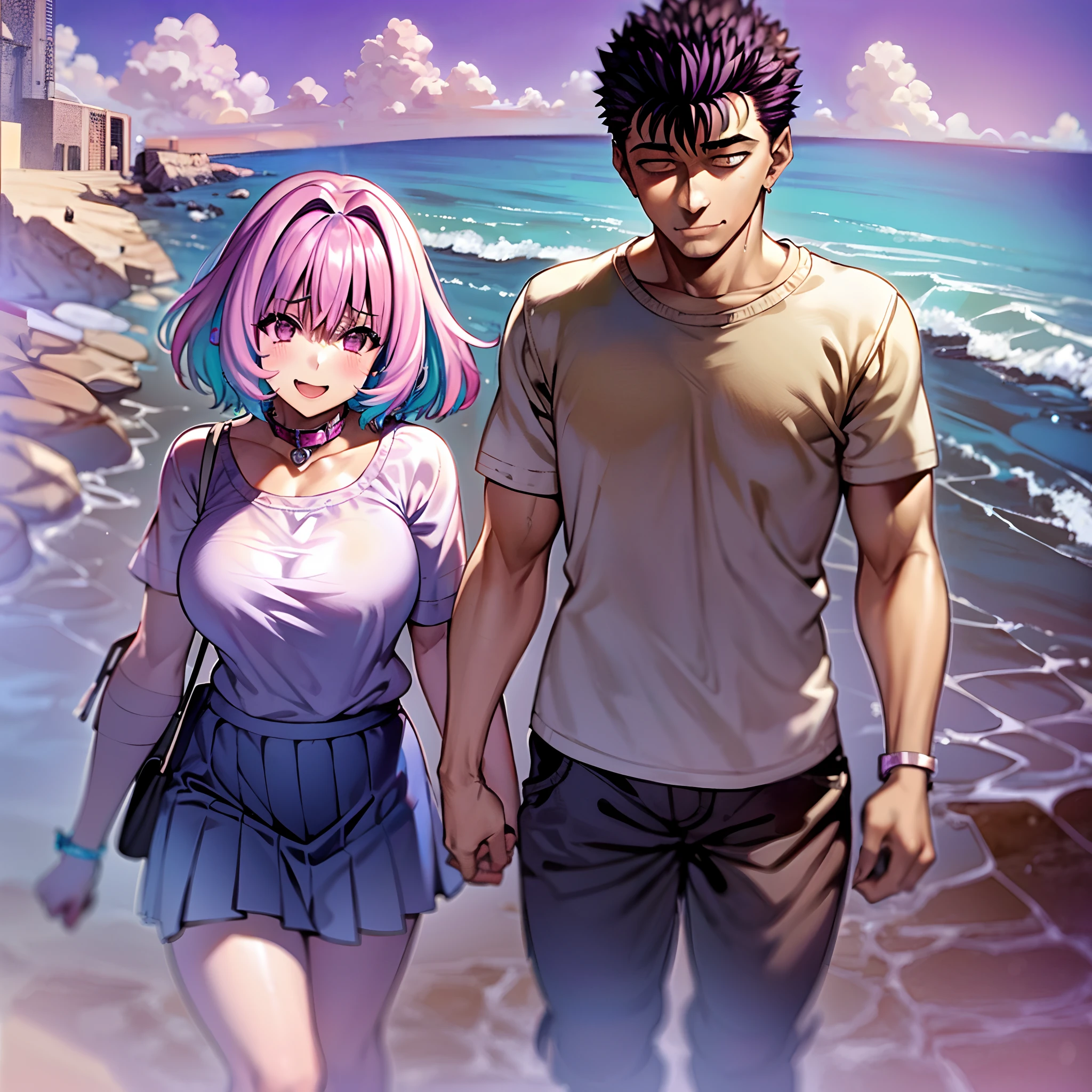 masterpiece, best quality, 1girl, riamu, blue shirt, pleated skirt, solo, simple background, bikini, beach, riamu and guts, husband and wife, couple happy in a beach, , purple hair,1boy, sitting in couple, affection, love,relationship, lovey dovey, happy, , smile