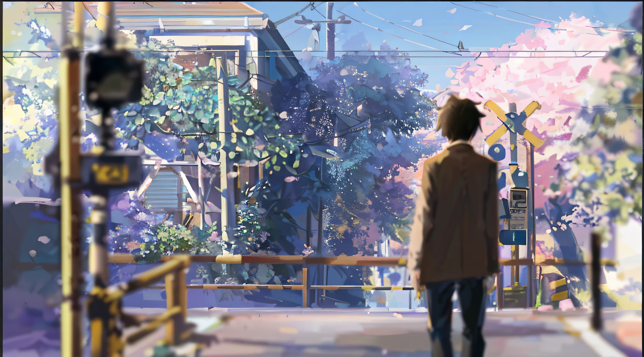 A man walks down the street，The background is an anime scene of a train, in the style of makoto shinkai, centimeters away from my face, ( ( Makoto Shinkai ) ), Makoto Shinkai's style, Makoto Shinkai. —h 2160, Shinkai Makoto style, beautiful anime scenes, makoto shinkai movie