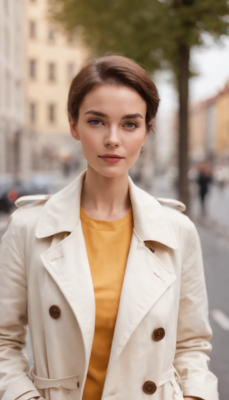 short-haired woman dressed in retro white trench coat, 80s style photo, standing on a street, bokeh style, sunny day, yellow building in the background, style of ultrafine detail, high quality photo