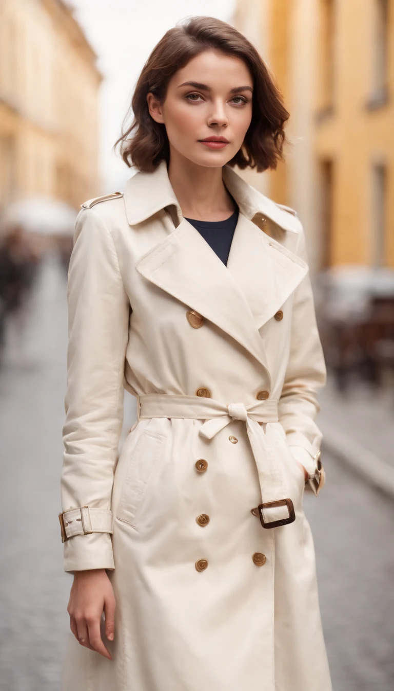 short-haired woman dressed in retro white trench coat, 80s style photo, standing on a street, bokeh style, sunny day, yellow building in the background, style of ultrafine detail, high quality photo