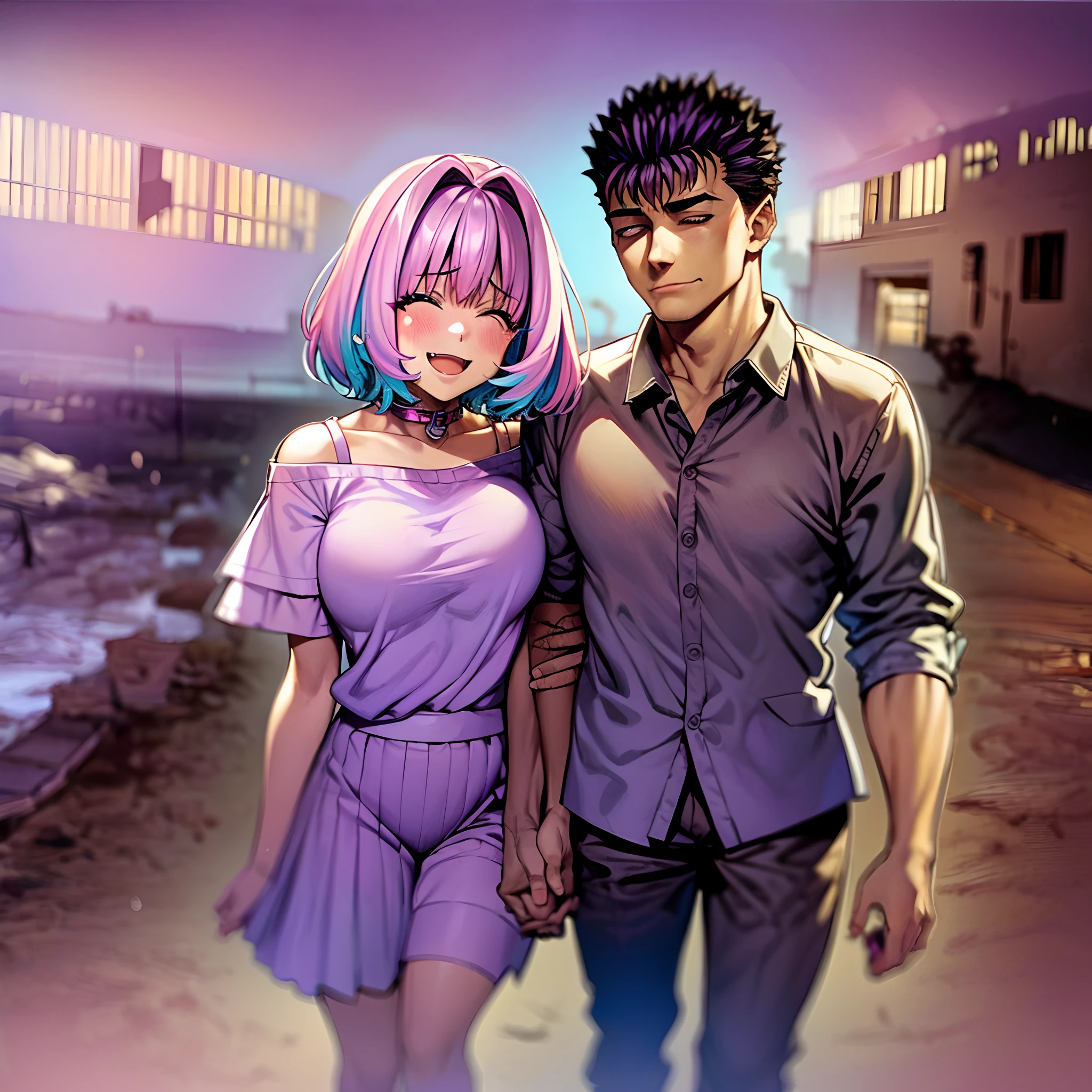 masterpiece, best quality, 1girl, riamu, blue shirt, pleated skirt, solo, simple background, riamu and guts, husband and wife, couple happy in a beach, , purple hair,1boy, in couple, affection, love,relationship, lovey dovey, happy, , smile, walking, in a family mart