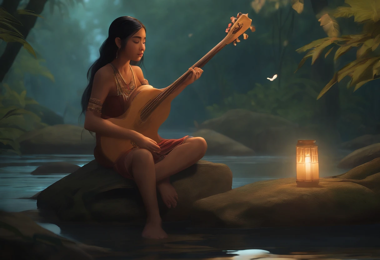 An 18-year-old indigenous girl sits on a rock in the Amazon River, Lotus position, exuberant anime john 8k woods, atey ghailan 8 k, The harp is played in the magical forest, In the style of Artie Guéran, inspired by Atey Ghailan, delightful surroundings, forest setting, author：fujita goro, cinematic forest lighting, 4K分辨率