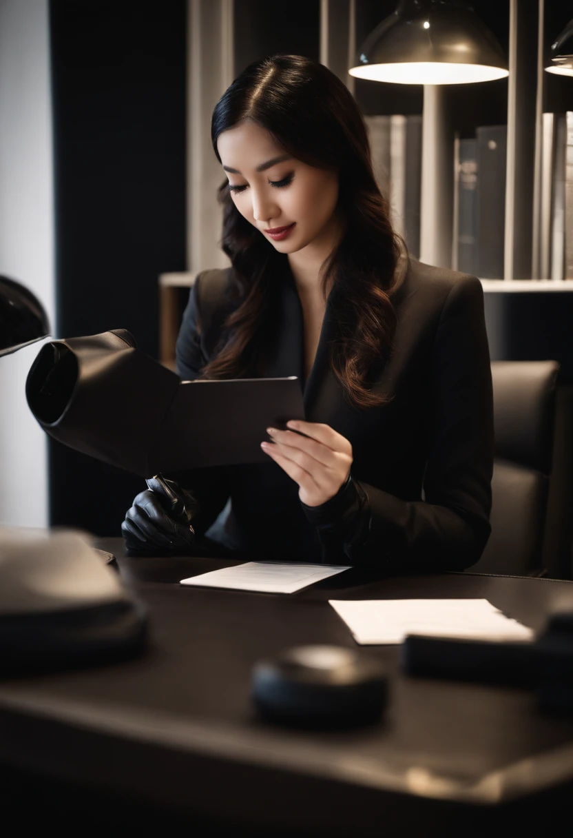 Wearing black leather gloves in both hands, upper body, black business suit, facing the desk in the modern study in the dark, looking down, smiling, writing a letter using a fountain pen, long, straight black hair, young and cute face Japanese female new employee (black leather gloves cover both hands)