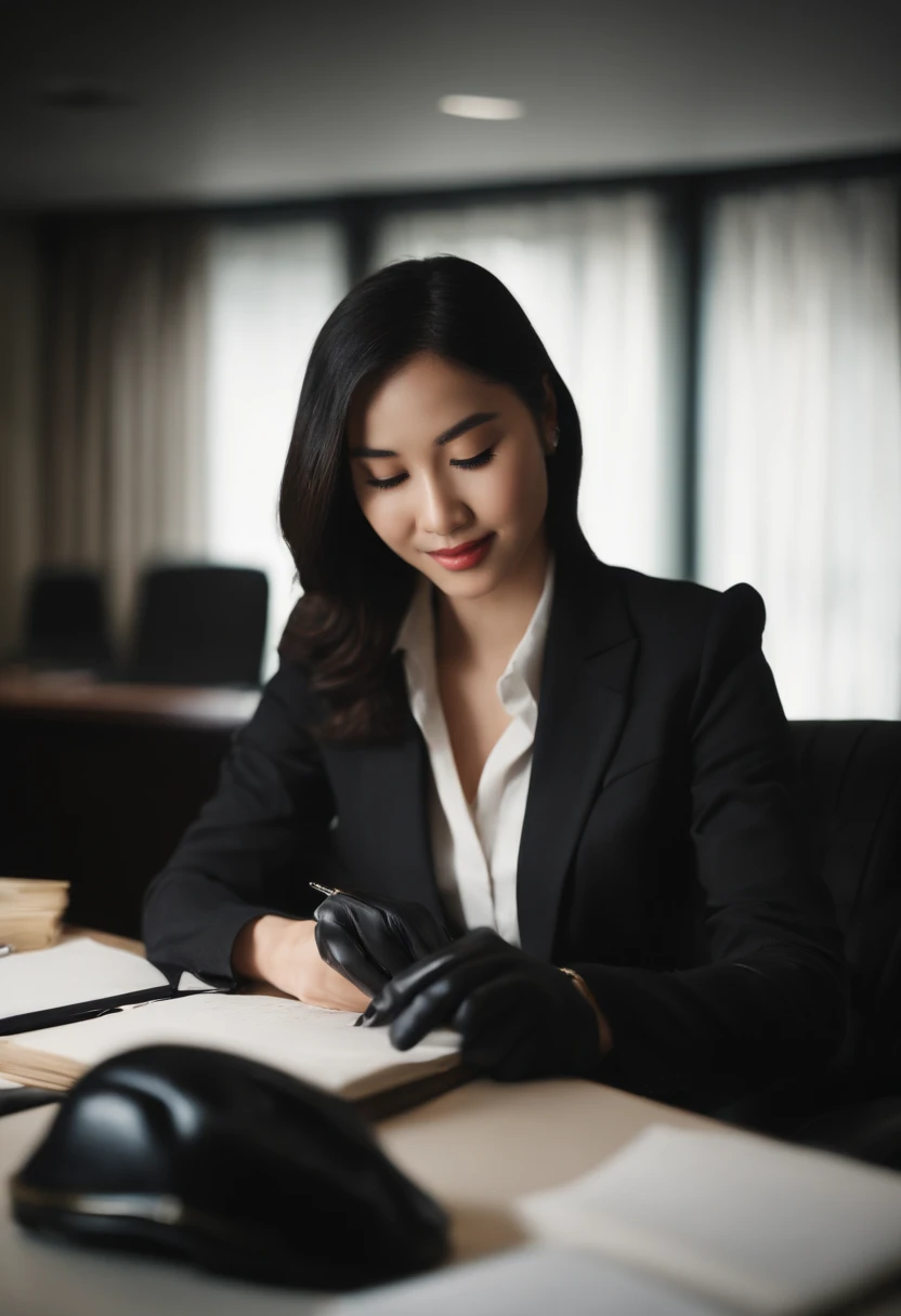 Wearing black leather gloves in both hands, upper body, black business suit, facing the desk in the modern study in the dark, looking down, smiling, writing a letter using a fountain pen, long, straight black hair, young and cute face Japanese female new employee (black leather gloves cover both hands)