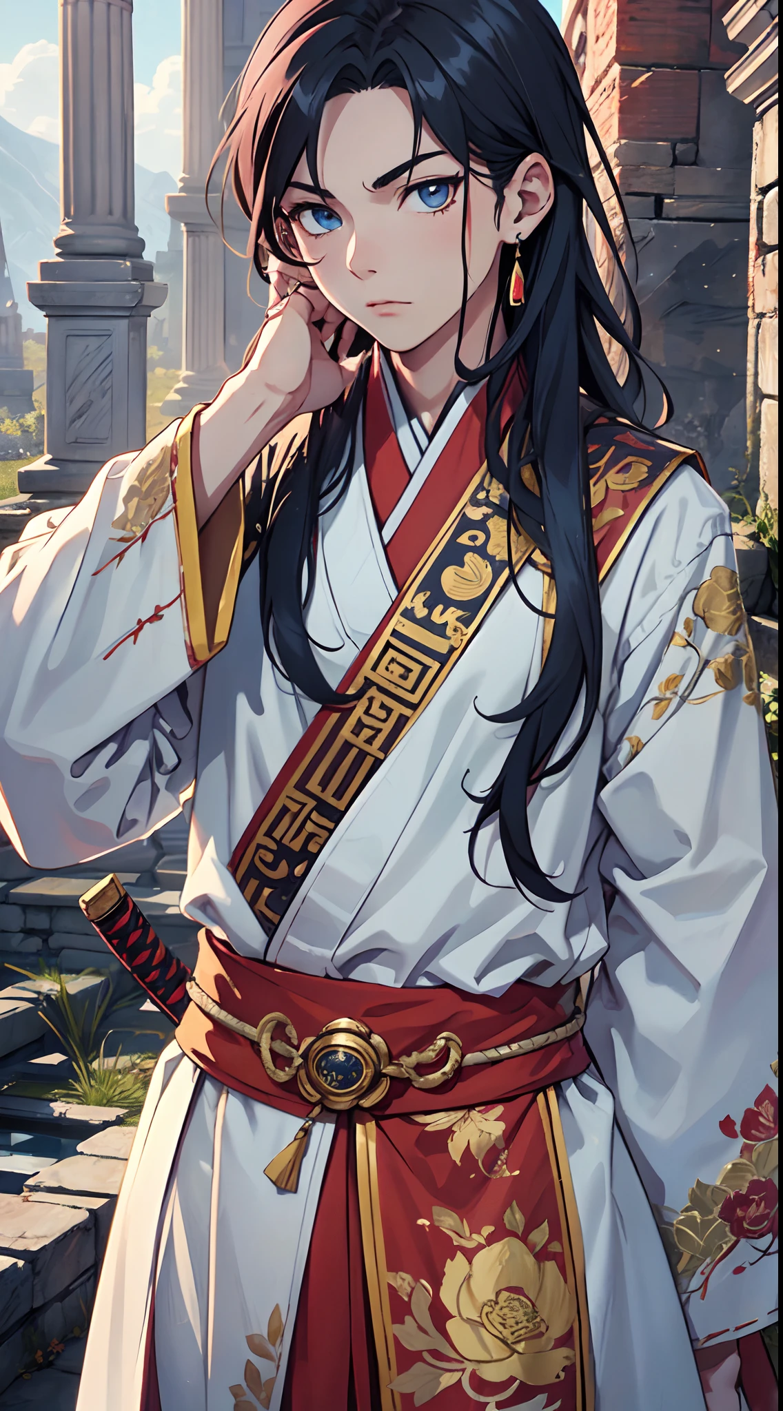 Ultra High Definition, Ultra High Quality, Extremely Detailed, Perfectly Detailed, Masterpiece, 8k, 1 Boy, Look A Like Xin From Kingdom Anime, Handsome, Equipped With Chinese Emperor Silk Clothes, Solid Light Blue Eyes, Long Red Hair, Holding A Perfectly Detailed Awesome Katana, Body Shot, Ancient Ruins Background