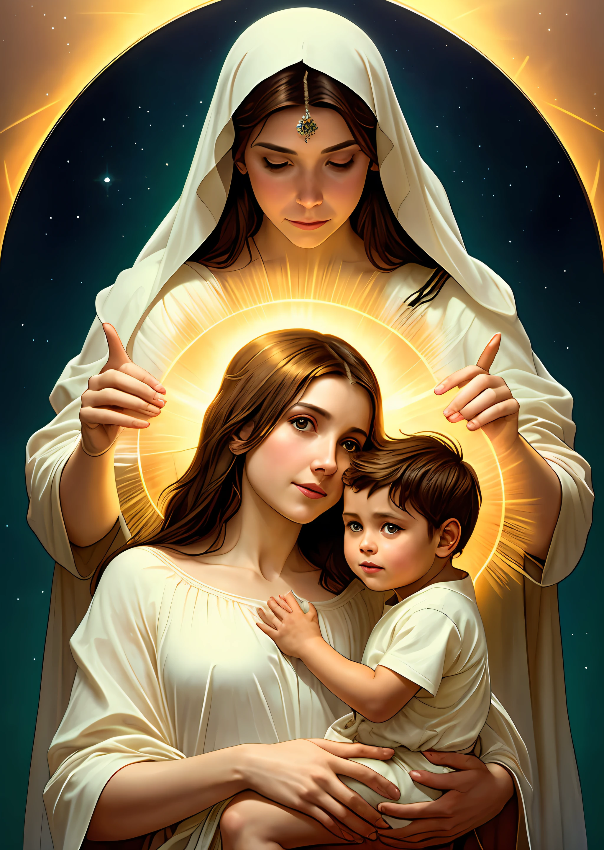 masterpiece, woman and , holy virgin mary with  boy in her arms, ((halo over head)), smiling, heavenly sky, half body, ((divine light)), ethereal, clouds, back lighting, realistic portrait, symmetrical, strong, intricate drawing, highly detailed, digital painting, art station, concept art, fluid, sharp focus, illustration, against heaven's gate, cinematic lighting, works by artgerm and greg rutkowski and alphonse mucha 