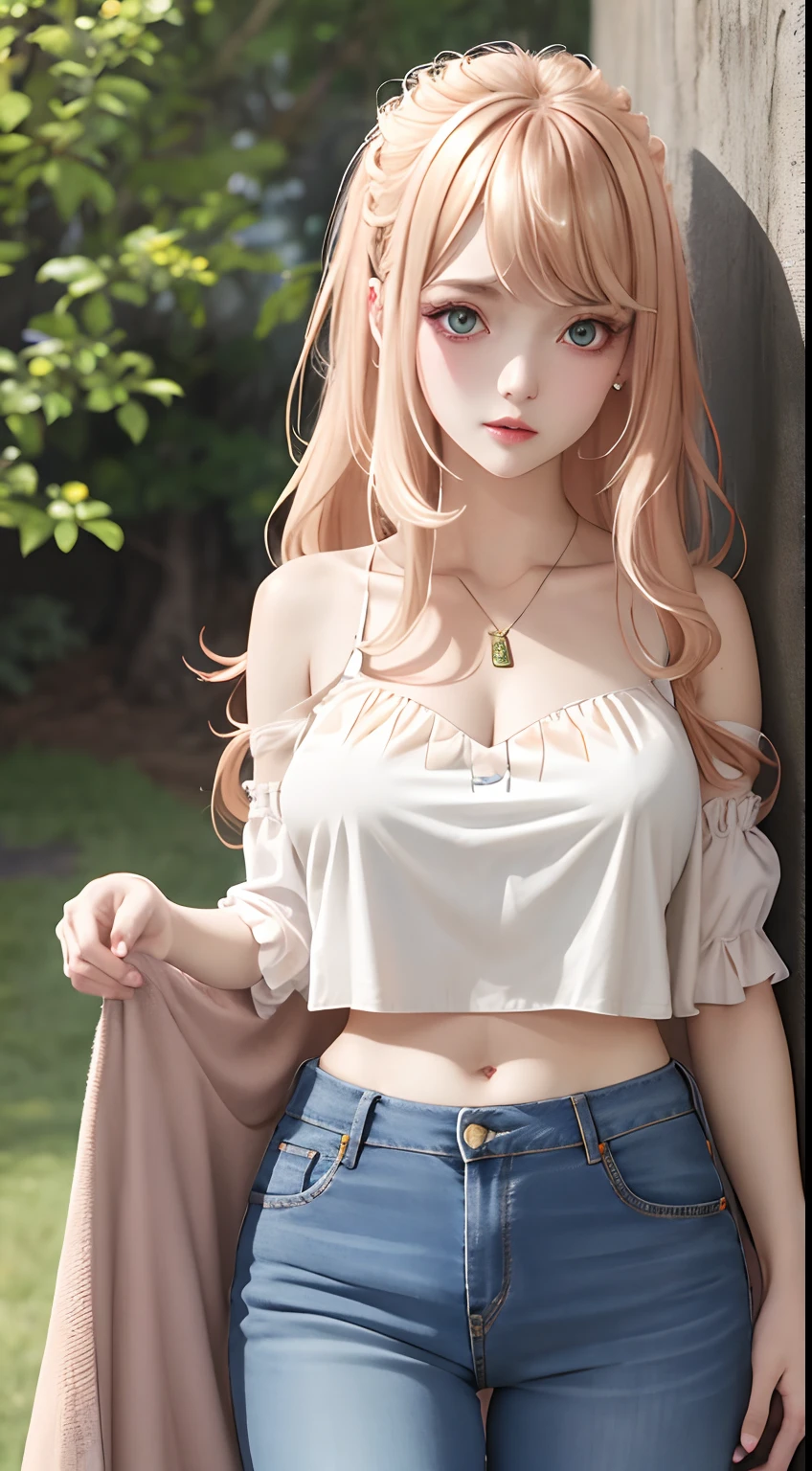 masterpiece,high quality,4k, beige hair,bangs,bare shoulder,belly,crop top,outdoor,green eyes,cleavage,jeans,casual dress,huge breast