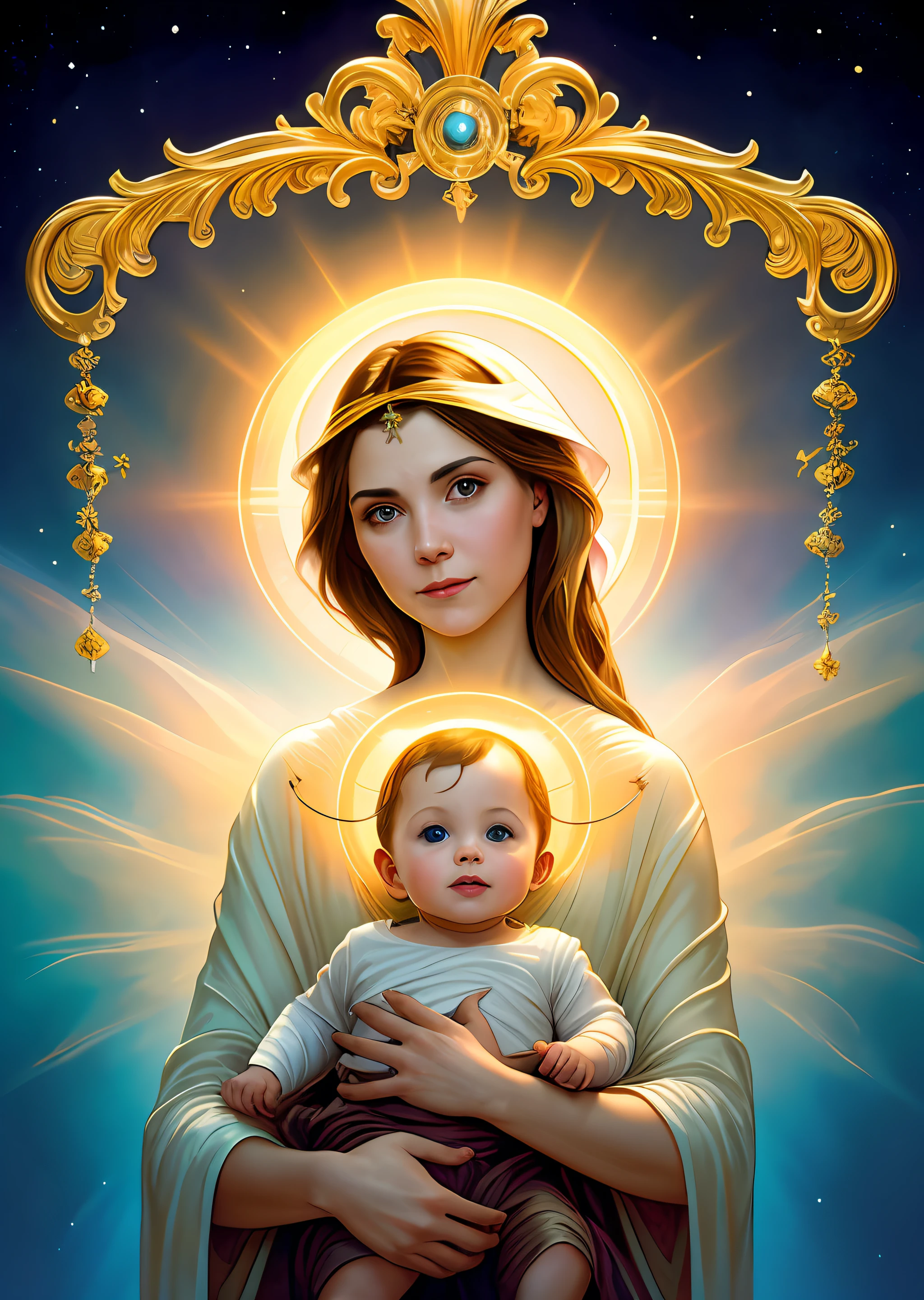 masterpiece, woman and , holy virgin mary with littlin her arms, ((halo over head)), smiling, heavenly sky, half body, ((divine light)), ethereal, ((clouds)), back lighting, realistic portrait, symmetrical, strong, intricate drawing, highly detailed, digital painting, art station, concept art, fluid, sharp focus, illustration, against heaven's gate, cinematic lighting, works by artgerm and greg rutkowski and alphonse mucha