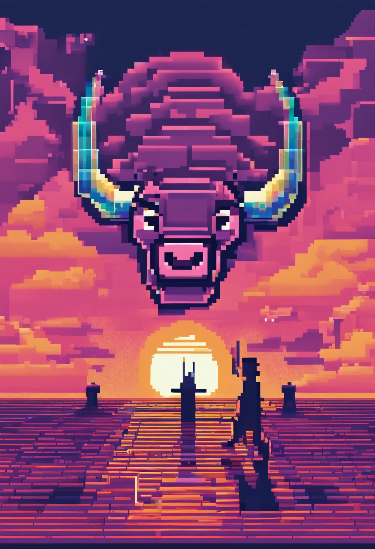 Bolsa de valores, moedas digitais, Bitcoin, Bull, Pixel Art. Noite. Pixel Art 3D Papel de parede 4K. Amazing pixel art details. Pixel Art. Ondas de vapor. Pixel Art det