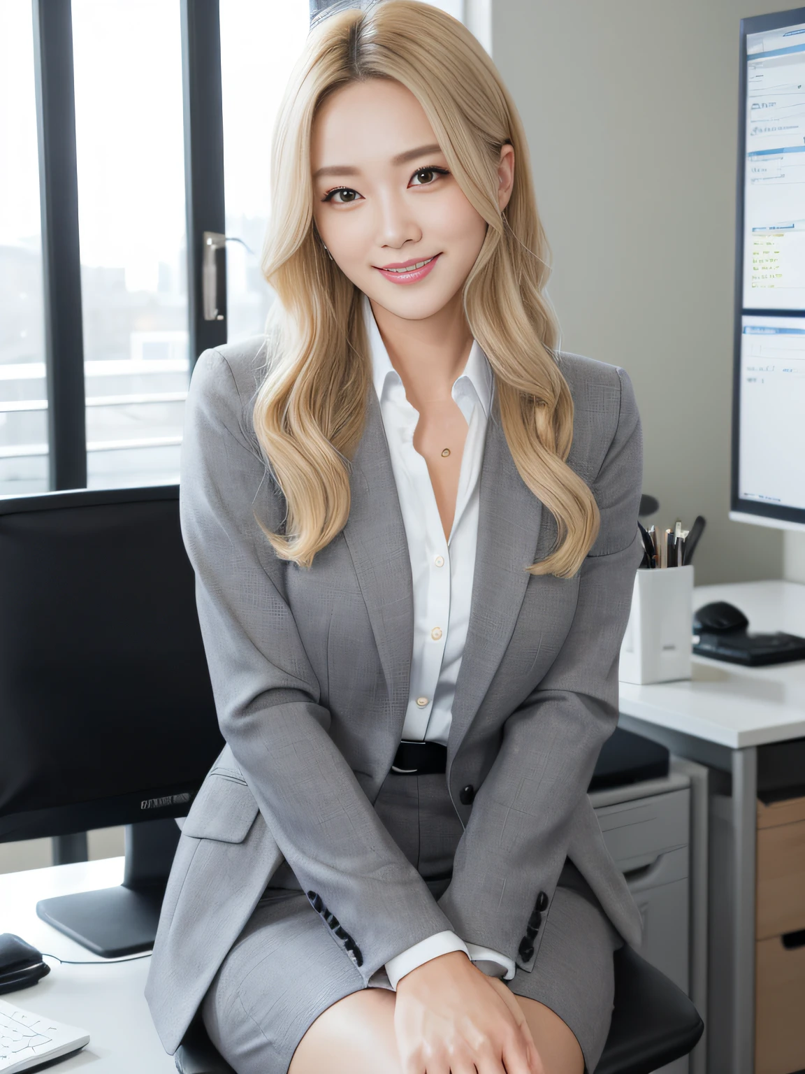 A detailed、qulity、(masuter piece:1.2)、(Photorealsitic:1.2)、(best qualtiy)、(Detailed skin:1.3)、(intricate-detail)、femele、((Korean Beauty))、Blonde hair、((30-years old、Adults))、A smile、Looking at the camera、beutiful breast、((Office Casual))、Wearing a gray suit、Gloss、Smart legs、Beautiful eyes、Adult face、Beautiful face、(s Office、workplace)