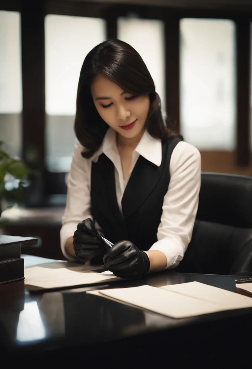 Wearing black leather gloves in both hands, upper body, black business suit, facing the desk in the modern study in the dark, looking down, smiling, writing a letter using a fountain pen, long, straight black hair, young and cute face Japanese female new employee (black leather gloves cover both hands)