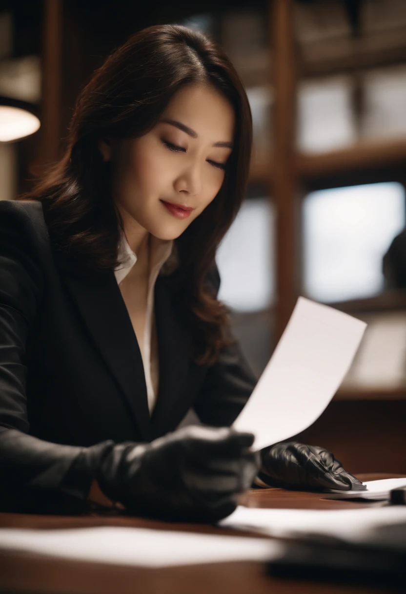 Wearing black leather gloves in both hands, upper body, black business suit, facing the desk in the modern study in the dark, looking down, smiling, writing a letter using a fountain pen, long, straight black hair, young and cute face Japanese female new employee (black leather gloves cover both hands)