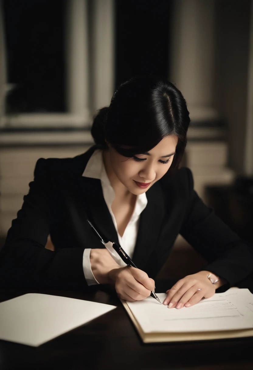 Wearing black leather gloves in both hands, upper body, black business suit, facing the desk in the modern study in the dark, looking down, smiling, writing a letter using a fountain pen, long, straight black hair, young and cute face Japanese female new employee (black leather gloves cover both hands)