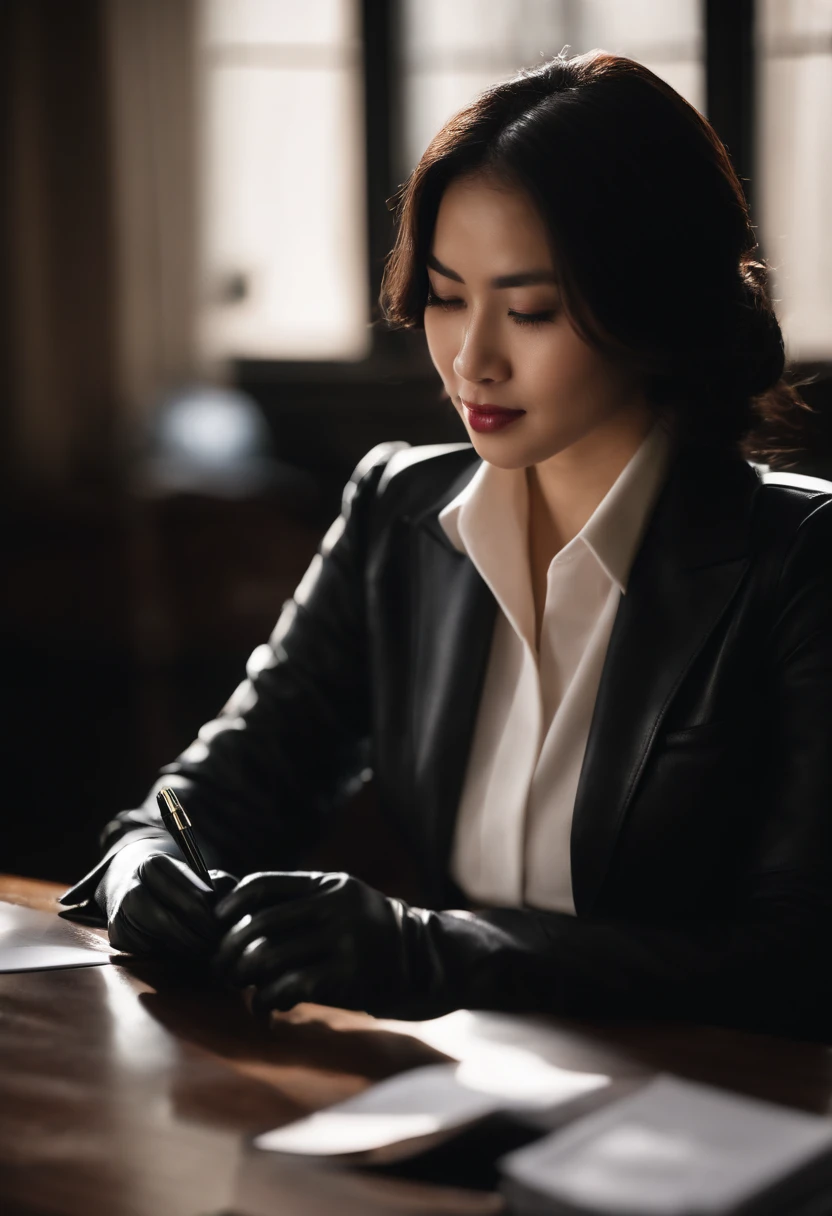 Wearing black leather gloves in both hands, upper body, black business suit, facing the desk in the modern study in the dark, looking down, smiling, writing a letter using a fountain pen, long, straight black hair, young and cute face Japanese female new employee (black leather gloves cover both hands)