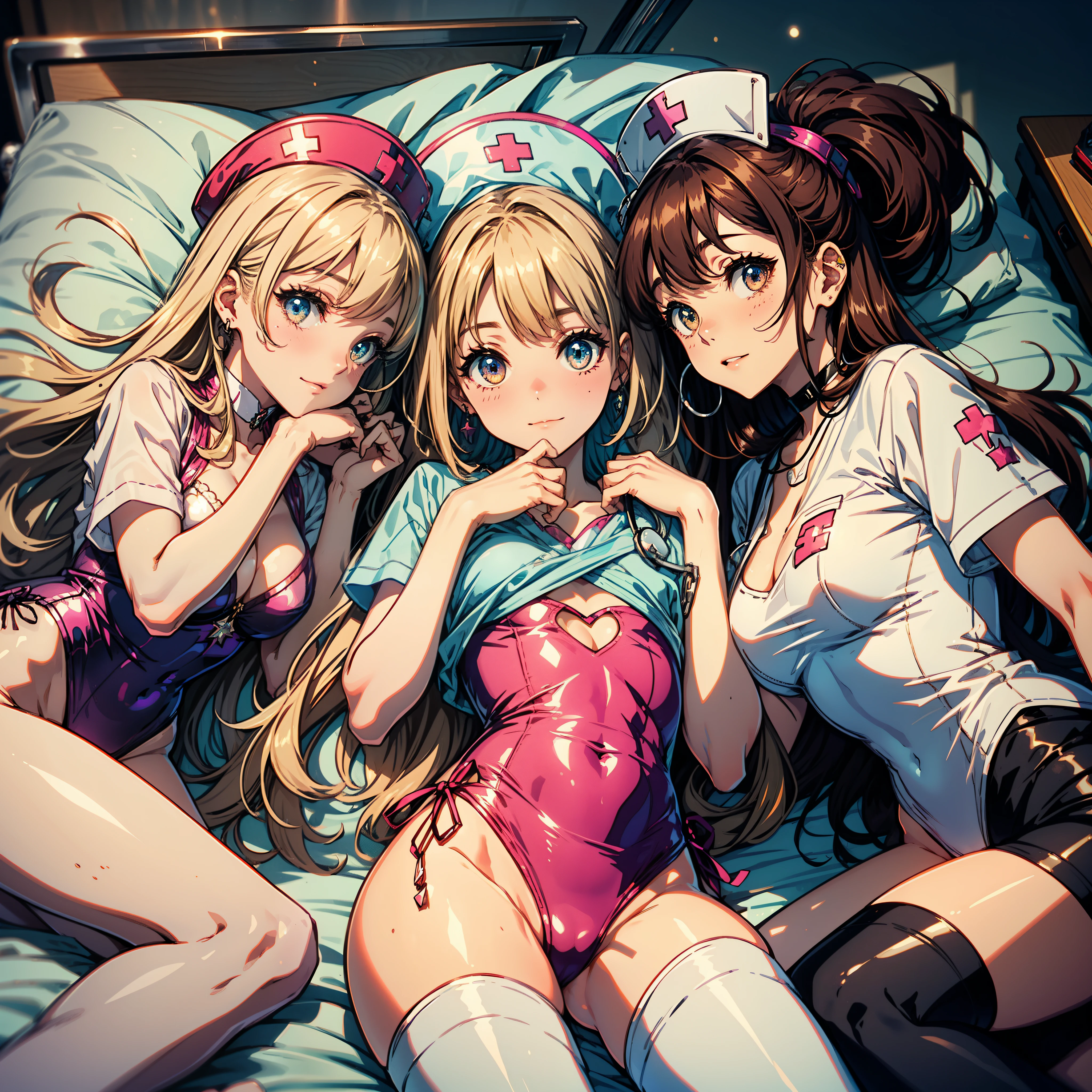 qualidade superior、membros completos、dedos completos、((Three Slender Beauties))、cabelos lisos、brown hair、((Enfermeira Rosa Leotard))、Pink nurse's hat、white pantyhose、Hospitais、Quarto Hospitalar、leito do paciente、Um grande sorriso、Engatinhando de quatro na cama、((Harems))