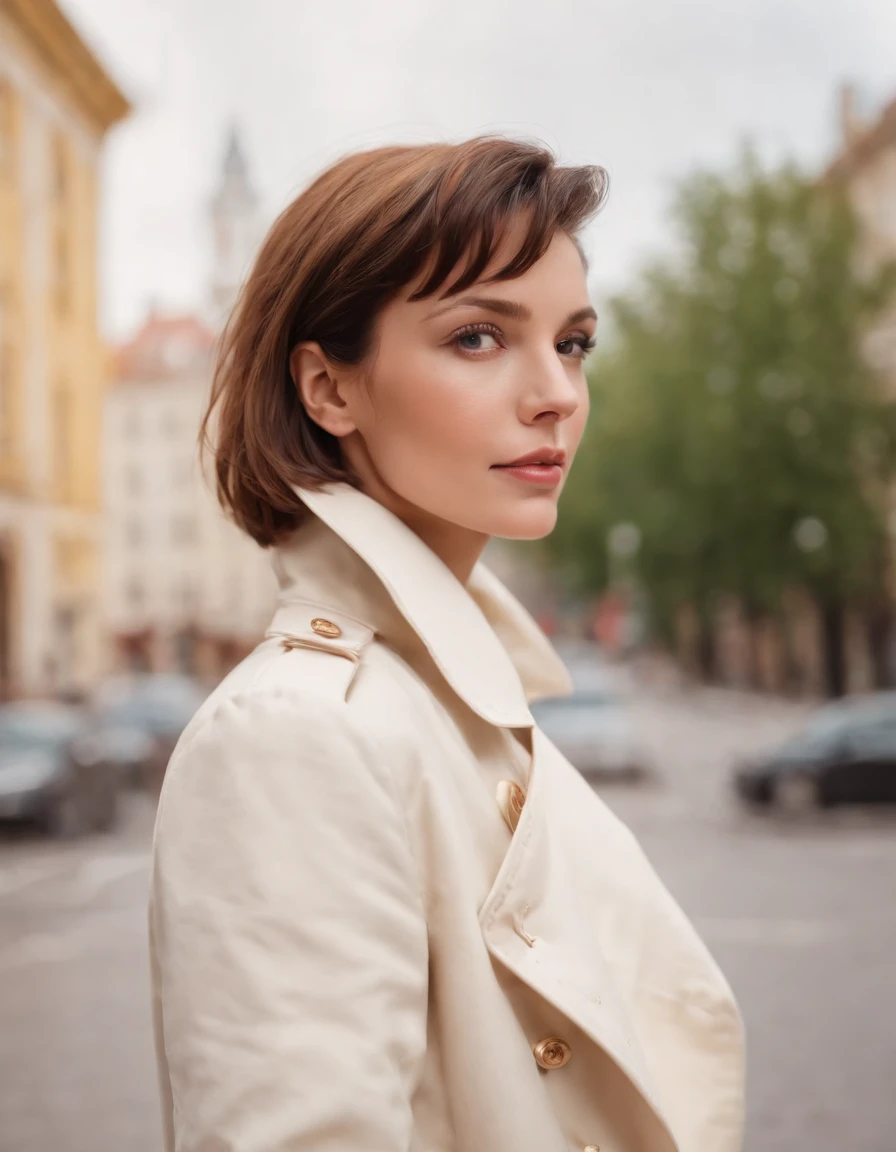 short-haired woman dressed in retro white trench coat, 80s style photo, standing on a street, bokeh style, sunny day, yellow building in the background, style of ultrafine detail, high quality photo,upper body