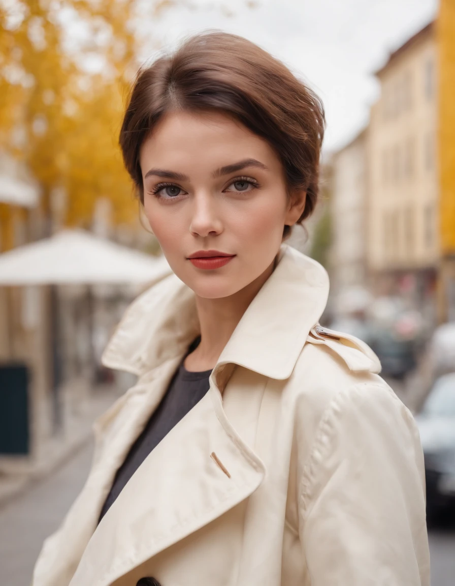 short-haired woman dressed in retro white trench coat, 80s style photo, standing on a street, bokeh style, sunny day, yellow building in the background, style of ultrafine detail, high quality photo,upper body
