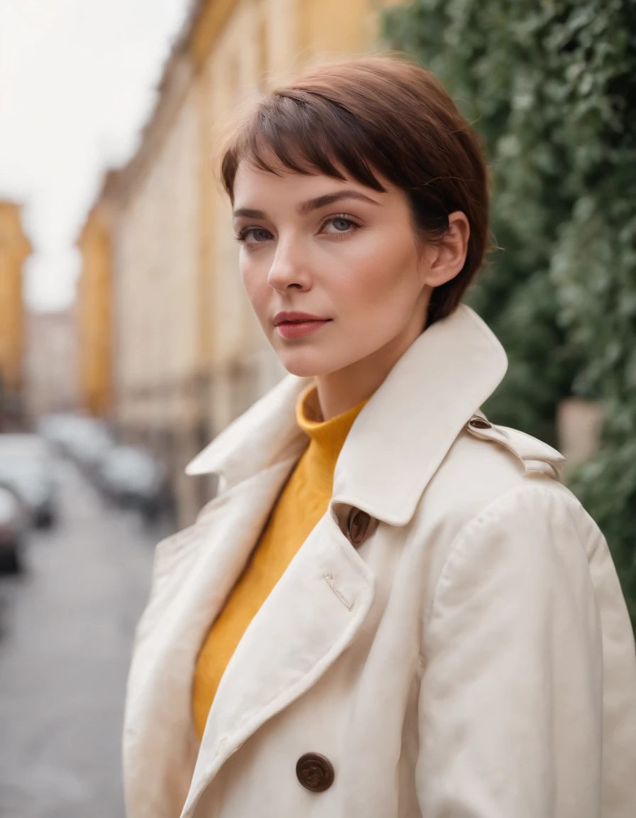 short-haired woman dressed in retro white trench coat, 80s style photo, standing on a street, bokeh style, sunny day, yellow building in the background, style of ultrafine detail, high quality photo,upper body