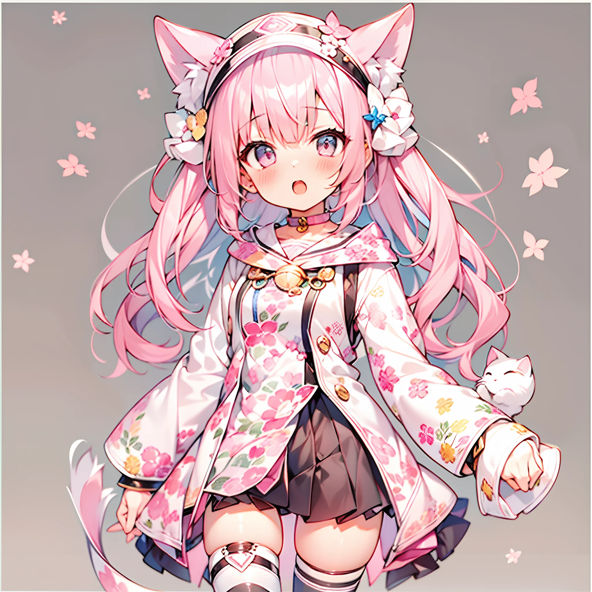 Cute girl with cat ears、Japan anime style、Moe、(full body2.0)、(1 person only 2.1)、(No background 1.8)、Authentic and highly detailed body、小柄、girl with、childish、ers old、length hair、bangss、A pink-haired、Authentic and highly detailed face、beautiful eyes that are authentic and highly detailed,、 Authentic and very delicate arms and hands、Authentic and highly detailed human hands(5 fingers)、The most beautiful girl in the world、Delicate and beautiful pink cat eyes、Authentic skin texture、Plain clothe、lolita、a miniskirt、(Authentic and highly detailed pink stockings 2.5)、(Authentic and highly detailed long boots 1.5)