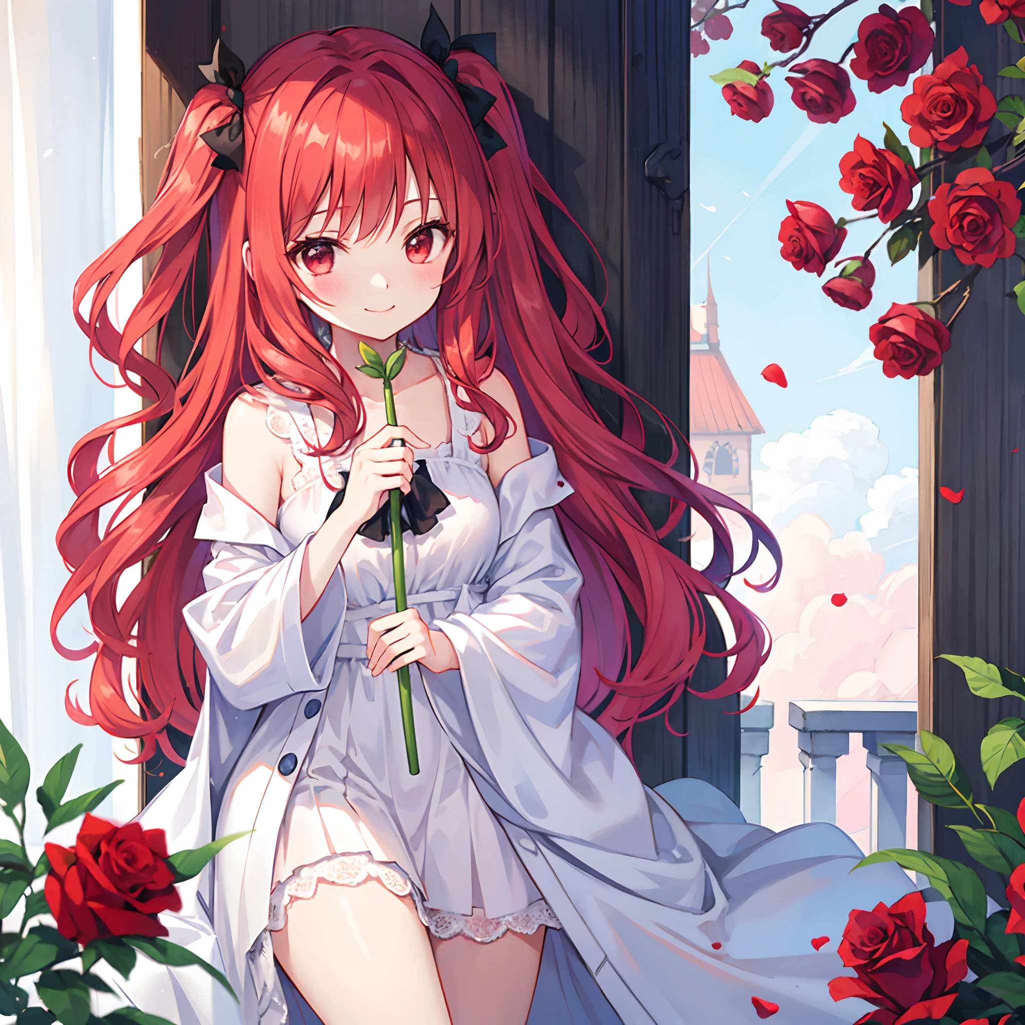 Wavy red hair、red eyes、Beautiful girl alone、robe blanche、A smile、rose garden