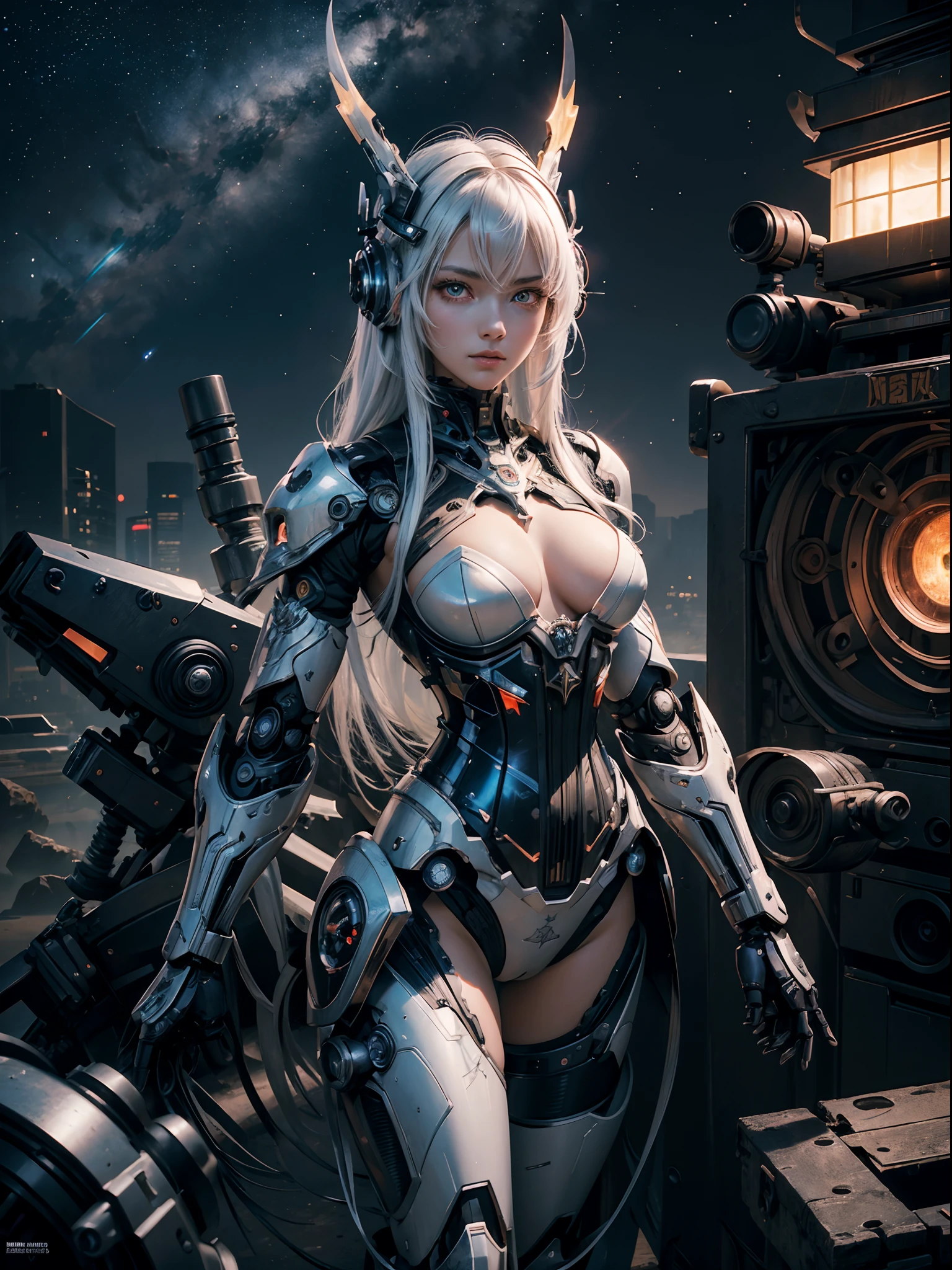 masterpiece,best quality,ultra-detailed,very detailed illustrations,extremely detailed,intricate details,highres,super complex details,extremely detailed 8k cg wallpaper,cowboy shot, caustics,reflection,ray tracing,demontheme,nebula,dark aura,cyber effect, (1girl:1.4),solo,alone,mecha musume,mechanical parts, robot joints,single mechanical arm, headgear, mechanical halo,star halo,intricate mechanical bodysuit, mecha corset, kimono, full armor, very long hair,white hair, hair between eyes, multicolored hair, colored inner hair, red eyes,glowing eye,eye trail, random expressions,random action, ancient japanese architecture,pond, starry sky,skyline,