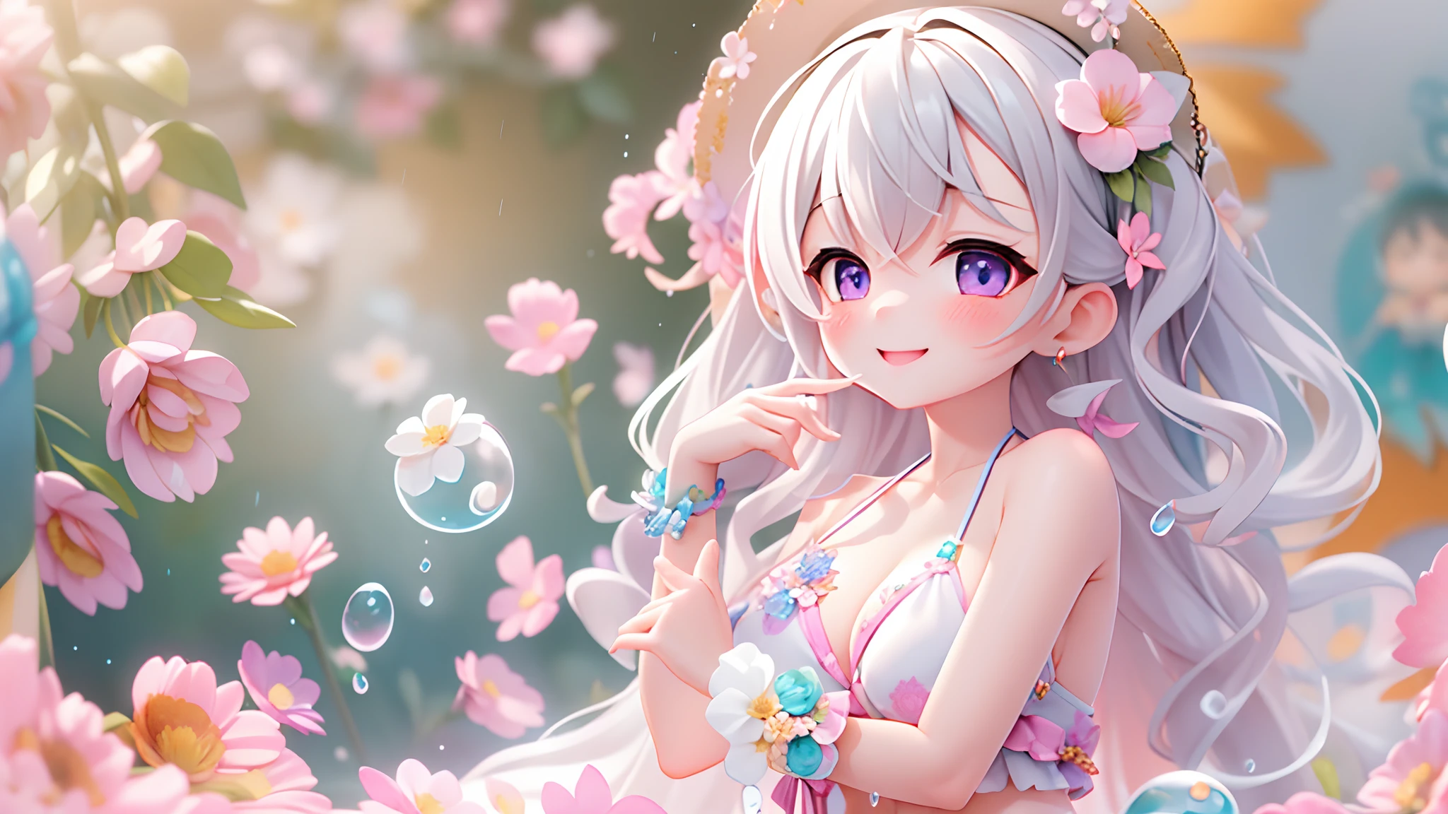 photoRealstic、Doll standing in front of the painting(nendroid)、A smile、Water droplets on the cheeks、Put your hand to your mouth and smile、Sengai、pixiv、rokoko、dollfie dream、watercolor Nendoroid、(High Definition Figure)、Flowing iridescent silk、up of face、Eye Up、Bikini swimwear、There are also flowers in front of the nendroids、flower petals、water dripping、season!!: 夏天☀ 🍂