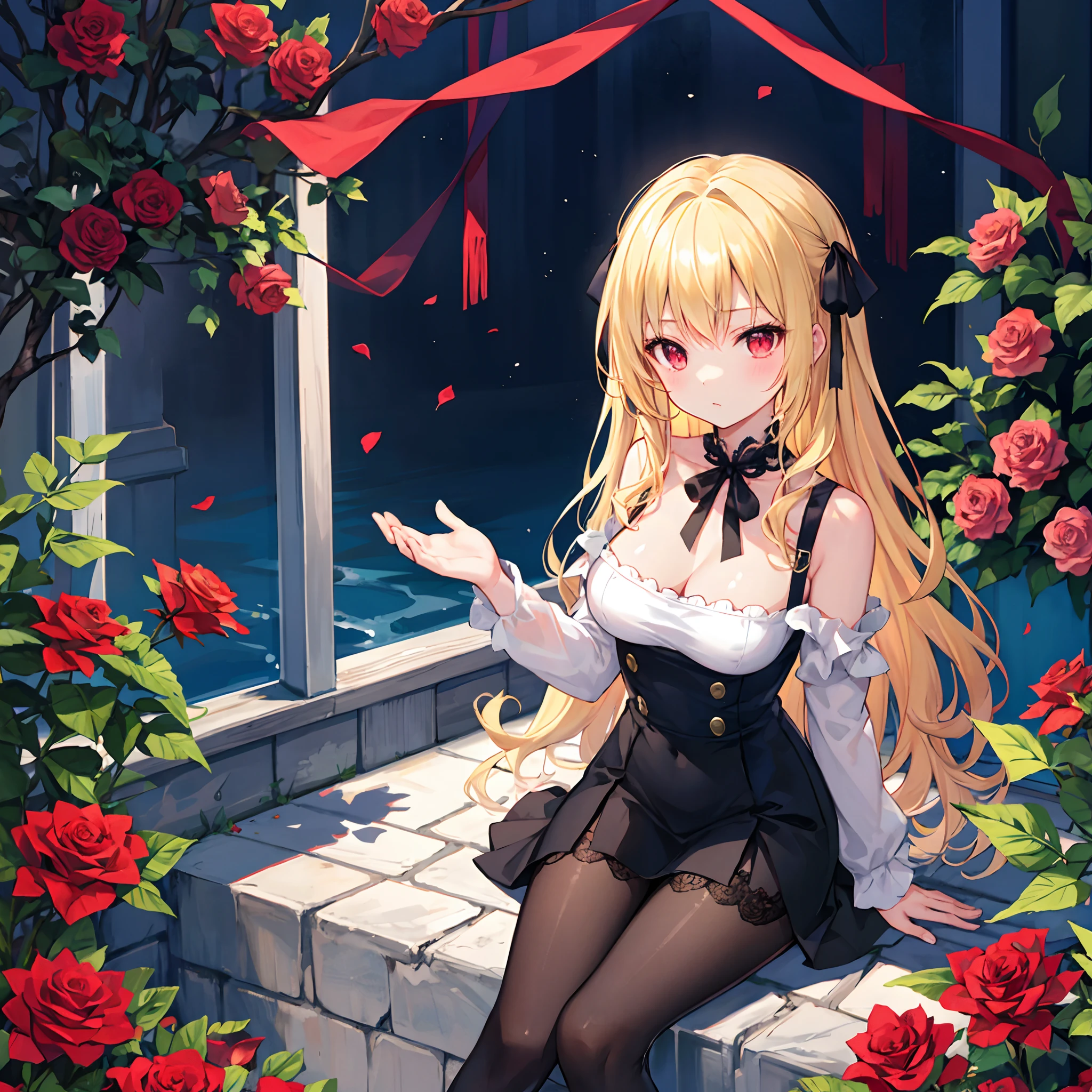 Wavy blonde、red eyes、Beautiful girl alone、Black dress、gravure、sitting on、rose garden、Black tights