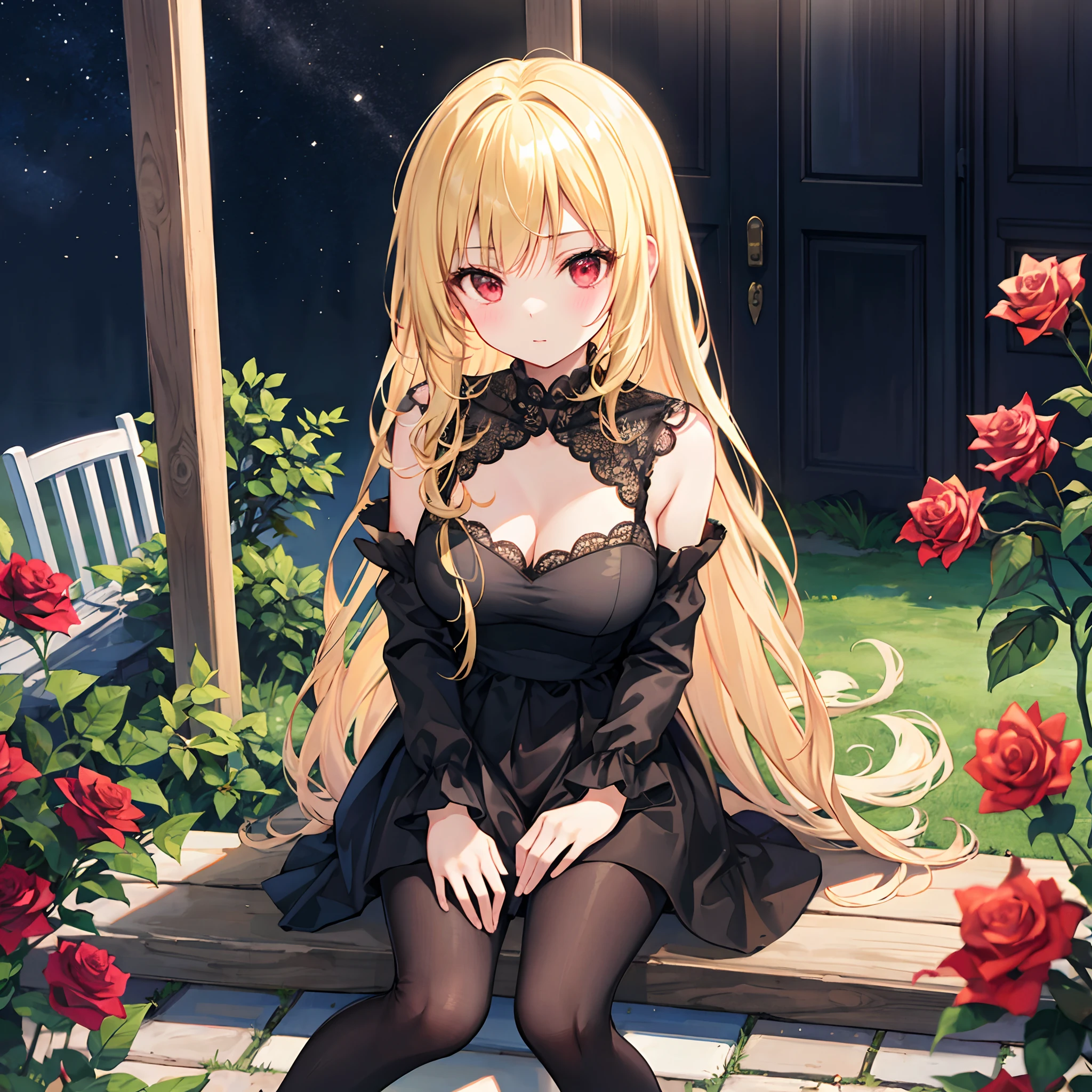 Wavy blonde、red eyes、Beautiful girl alone、Black dress、gravure、sitting on、rose garden、Black tights