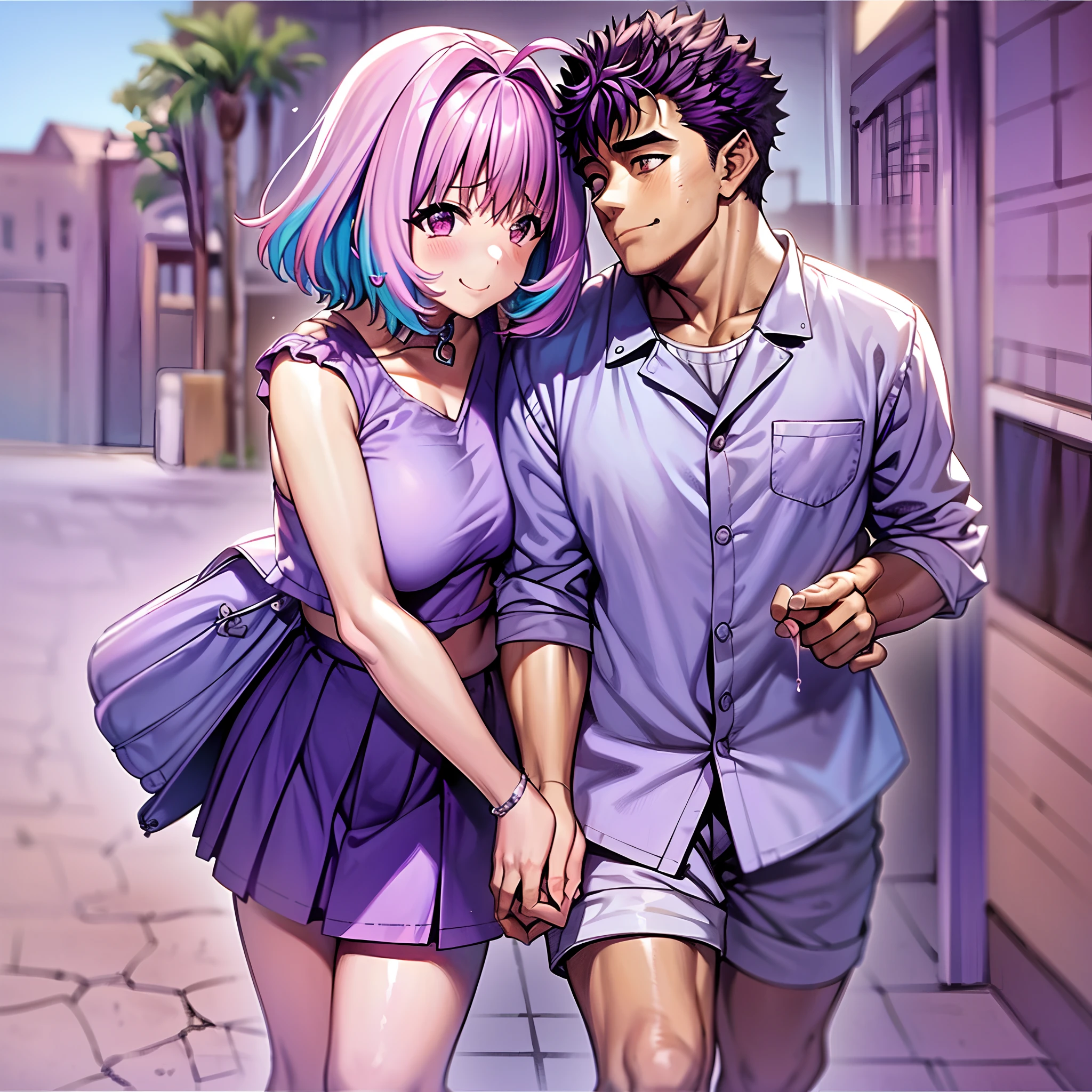 masterpiece, best quality, 1girl, riamu, blue shirt, pleated skirt, solo, simple background, riamu and guts, husband and wife, couple happy in a beach, , purple hair,1boy, in couple, affection, love,relationship, lovey dovey, happy, , smile, walking, in a family mart