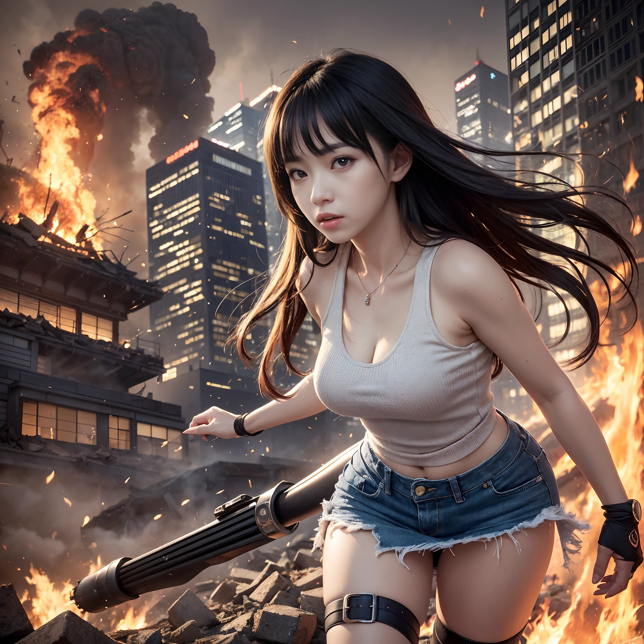 (in 8K、RAW Photos、top-quality、masterpiece:1.2)、(realisitic、Photorealsitic:1.37)、ultra-detailliert、超A high resolution、movie『Godzilla Godzilla』Heroine of、Women in Japan desperately fleeing Godzilla in devastated Tokyo、dishevled hair、The tank top is dirty、Torn skirt、Running through the rubble、building crumbling、Burning flame、de pele branca、slick skin、stunningly beautiful face、dynamic ungle、动态照明