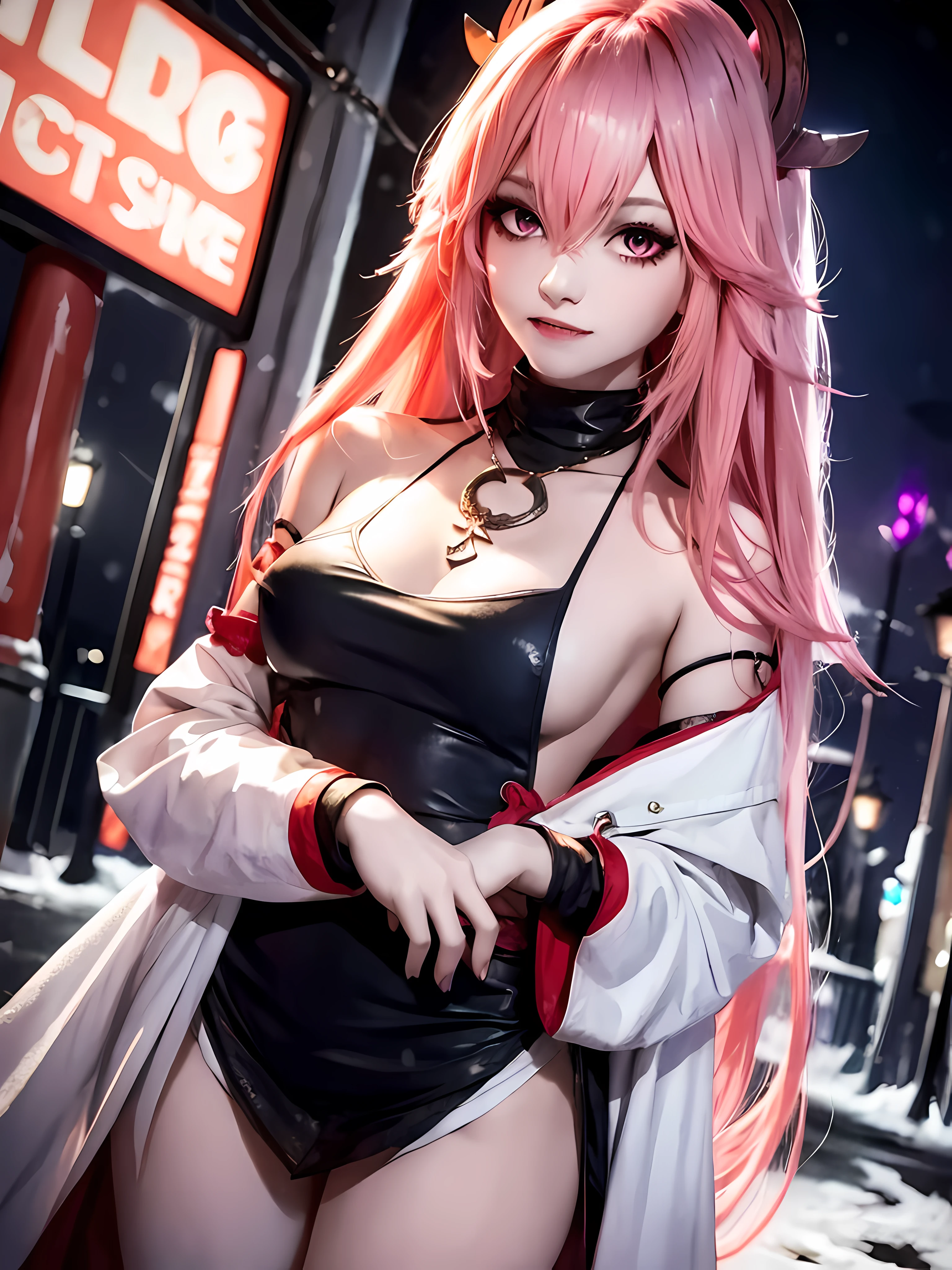 vampire girl with fangs standing in the street at night, snow on the ground, wet clothes, seductive, beauty spot on chin, wearing a loose oversized jacket, off the shoulder, fishnet leggings, wearing an oversized dress, wearing a long loose white shirt, sexy thighs, side pose, small mole on the chin, blushing, neon lights in the background, detailed background, raining, long sleeves, neck choker with necklace, long necklace, evil look, detailed digital anime art